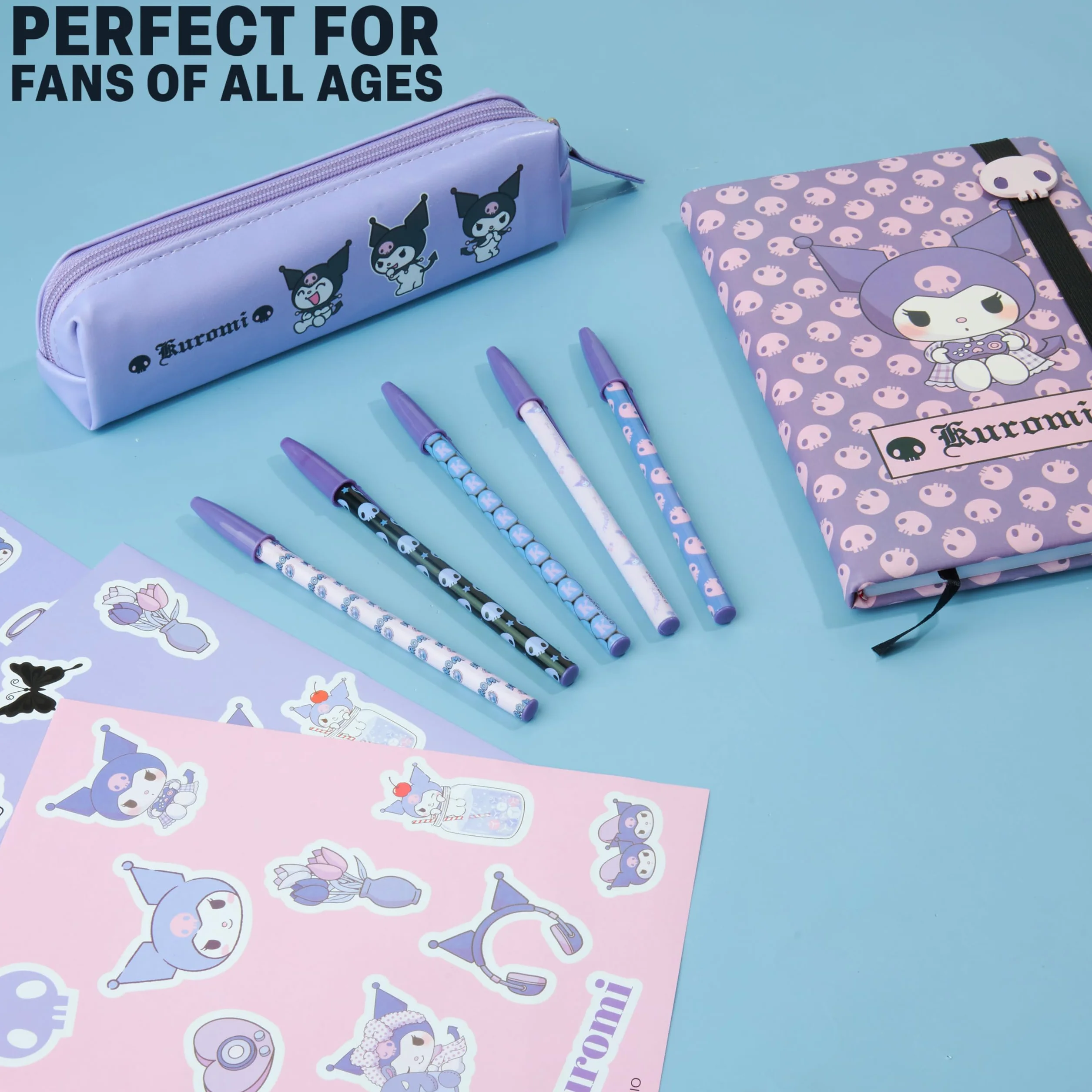 Sanrio Hello Kitty Kuromi Set Papeterie Cahier Trousse Kawaii Autocollants Stylos Bille Violet