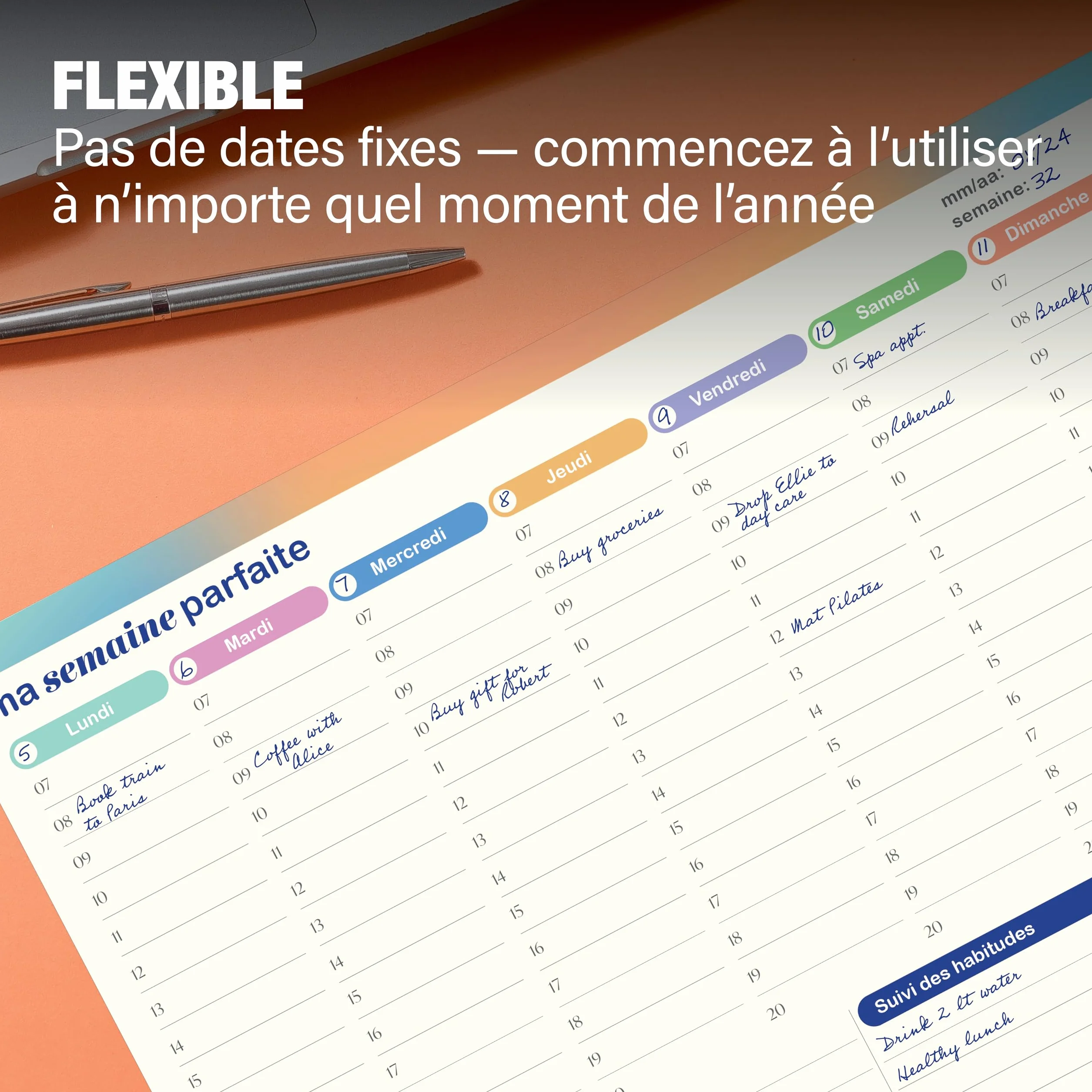Lot de 50 feuilles de planificateur hebdomadaire A4 29,7 x 21 cm - Sous-main de bureau - Liste des tâches - Suivi des habitudes - Sans date fixe (français)