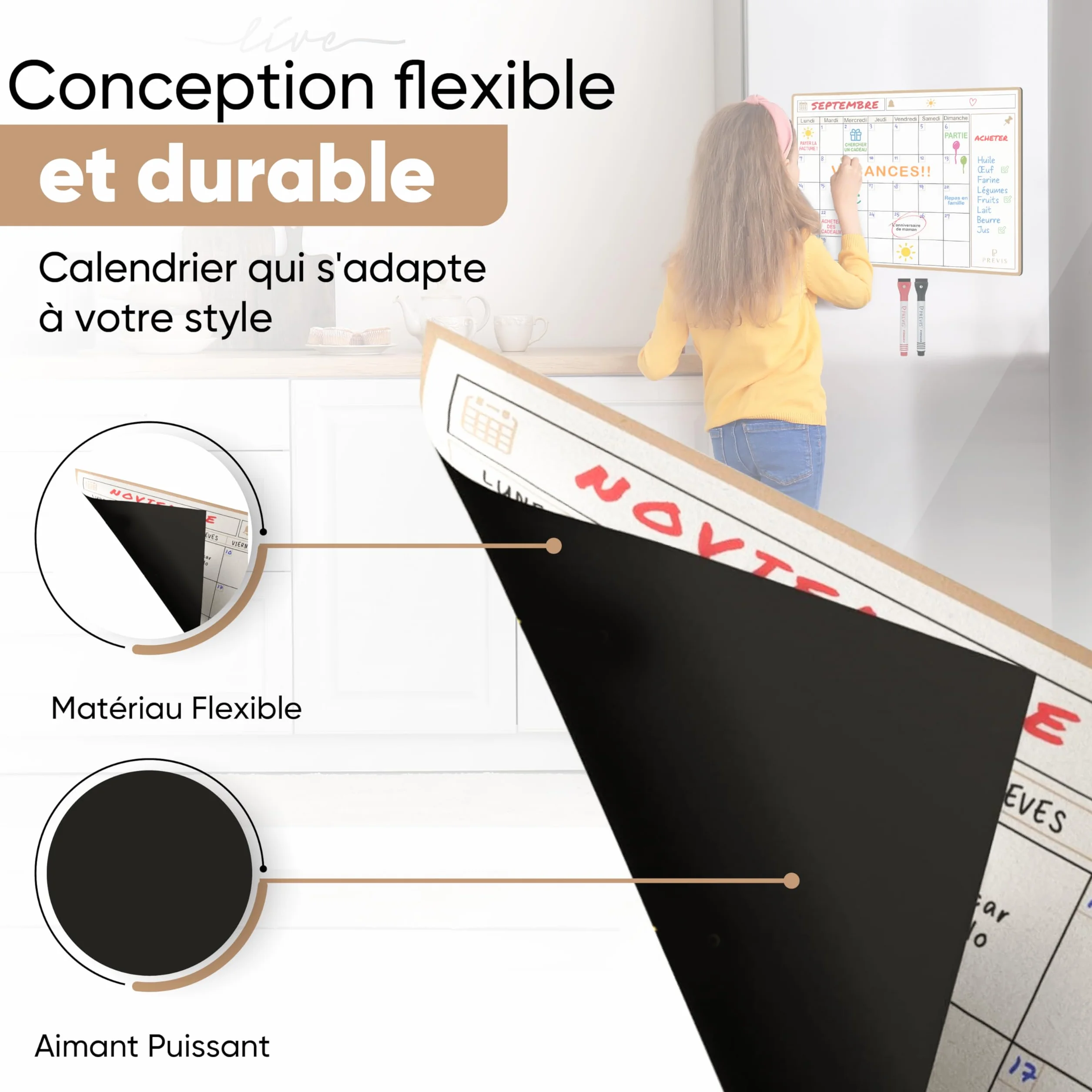 Previs Calendrier Magnetique Frigo A4 (21x29cm) avec 3 Marqueurs Premium - Planning Magnetique Familial 2025 2026