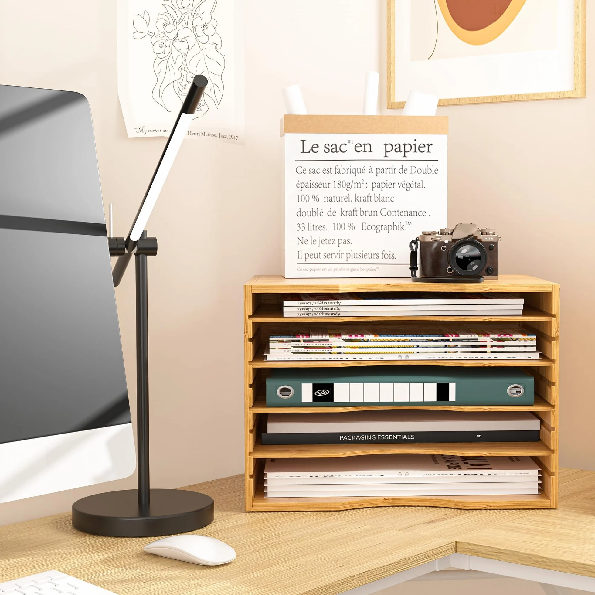 FOREHILL Organisateur de Bureau en Bambou 5 Couches Rangement Documents 36x25x26cm