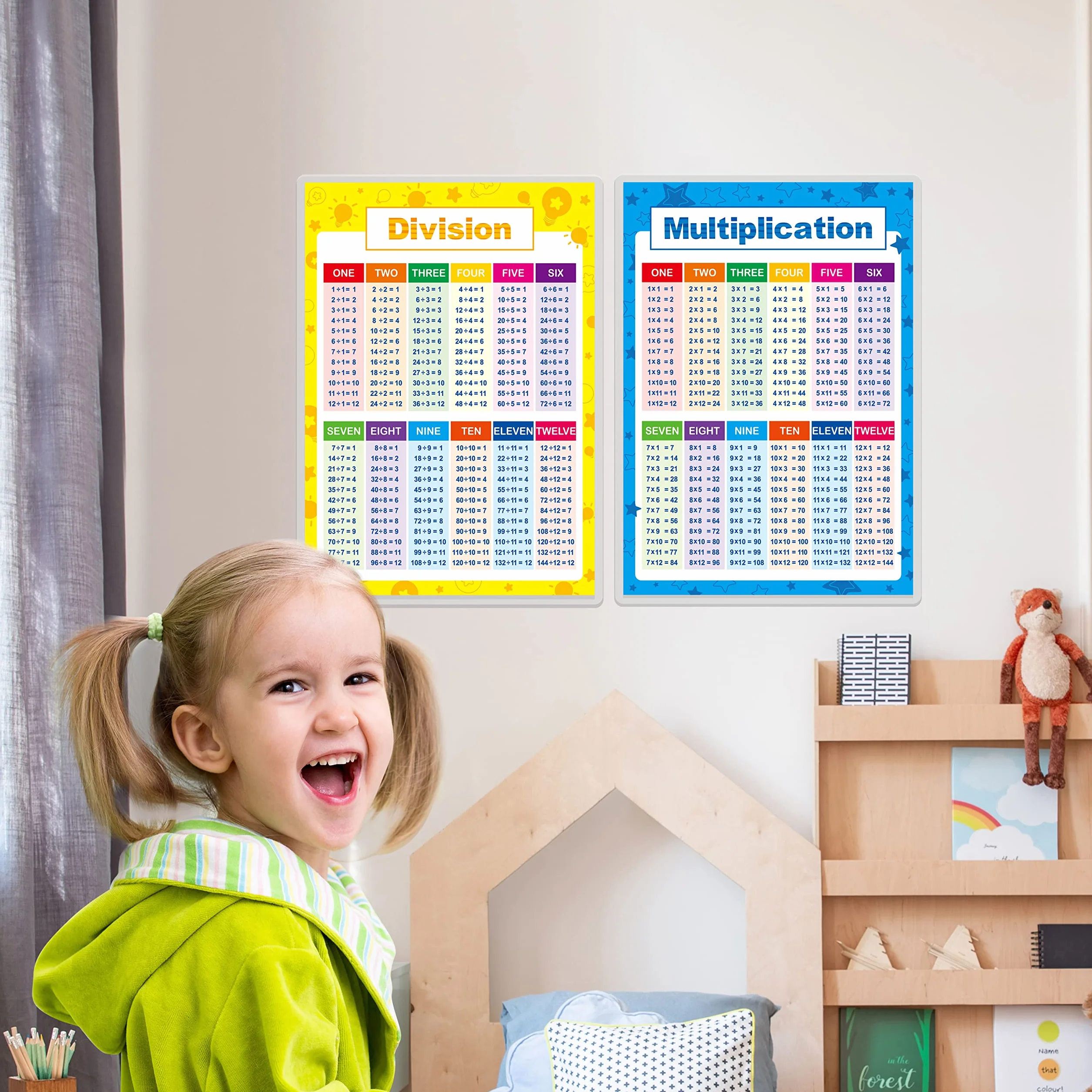Affiches éducatives laminées de mathématiques, tables de multiplication et division pour enfants, 2 pièces
