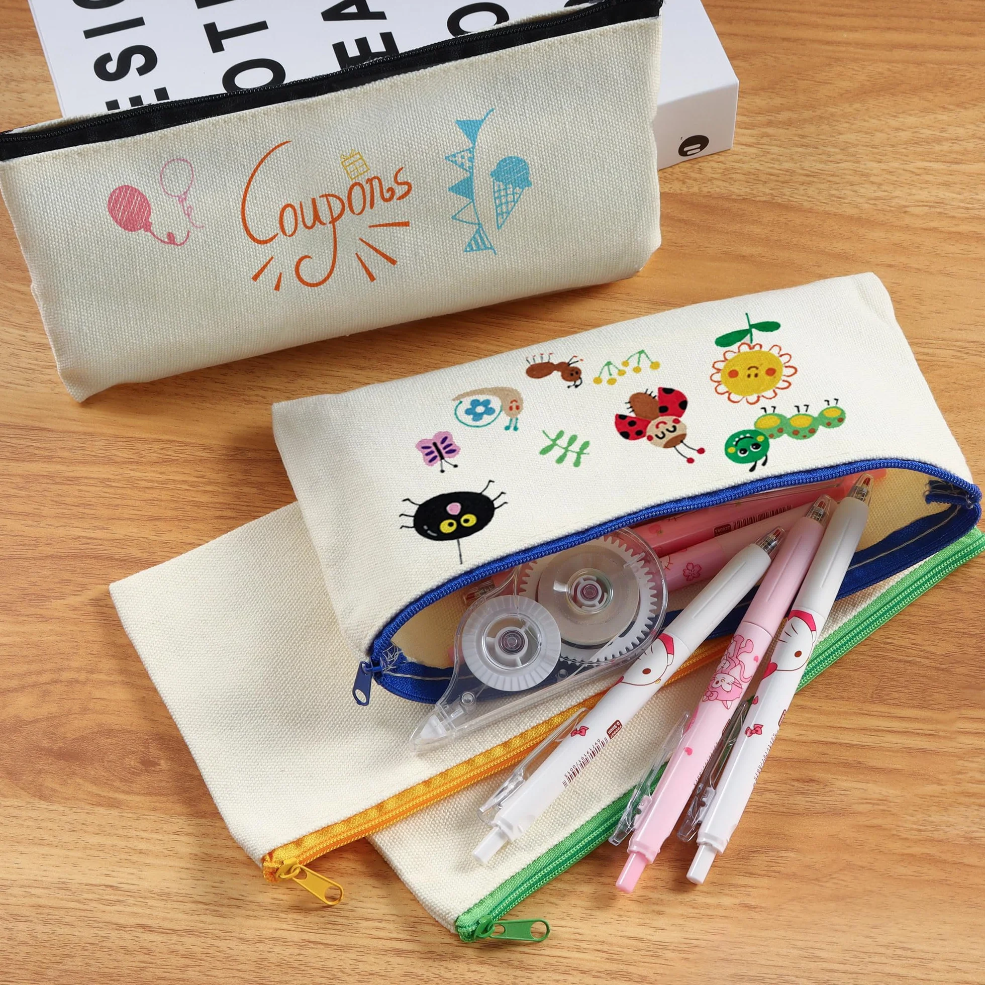 Pochette Tissu Zippée DIY 15 Pièces avec Crayons Aquarelle et Gabarits, 12x21cm, Vierge Toile Trousse de Rangement