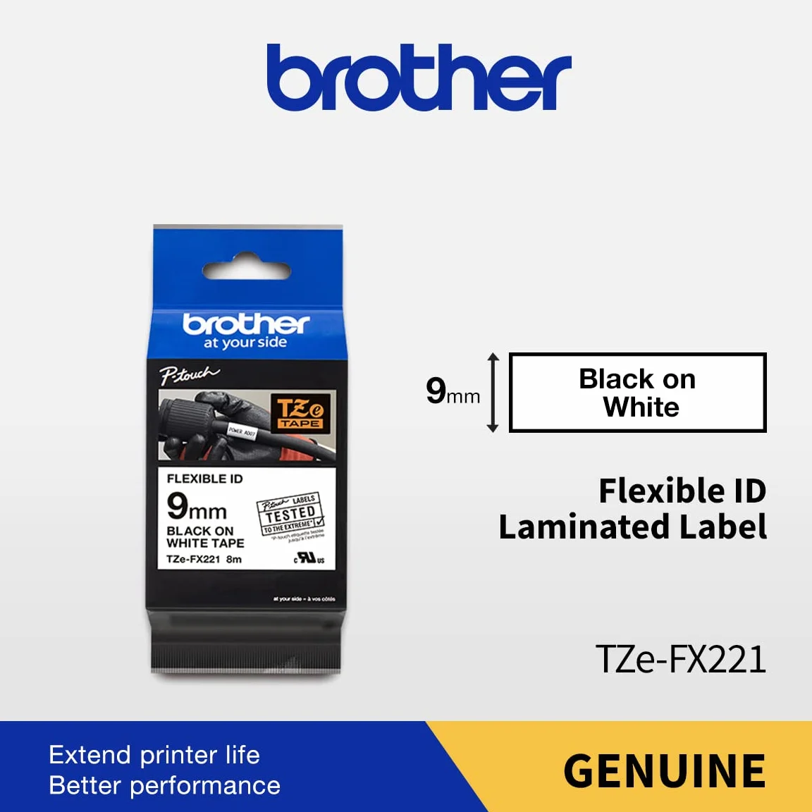 Brother TZE-FX221 ruban d'étiquette Noir sur blanc