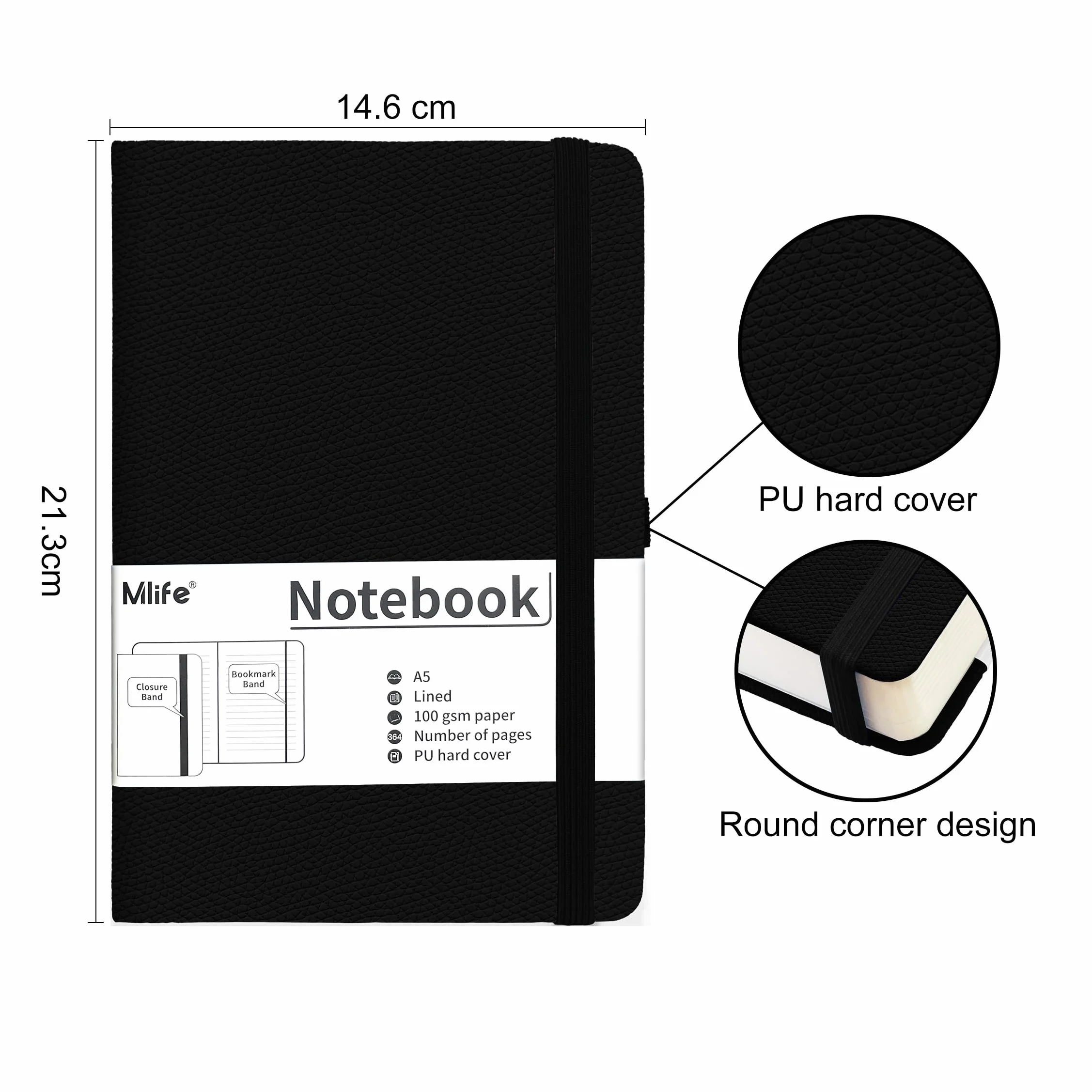 Mlife A5 Carnet de Notes Journal Épaissi 360 Pages 100g/m² Papier Résistant à l'Encre avec Pochette Pliante Noir