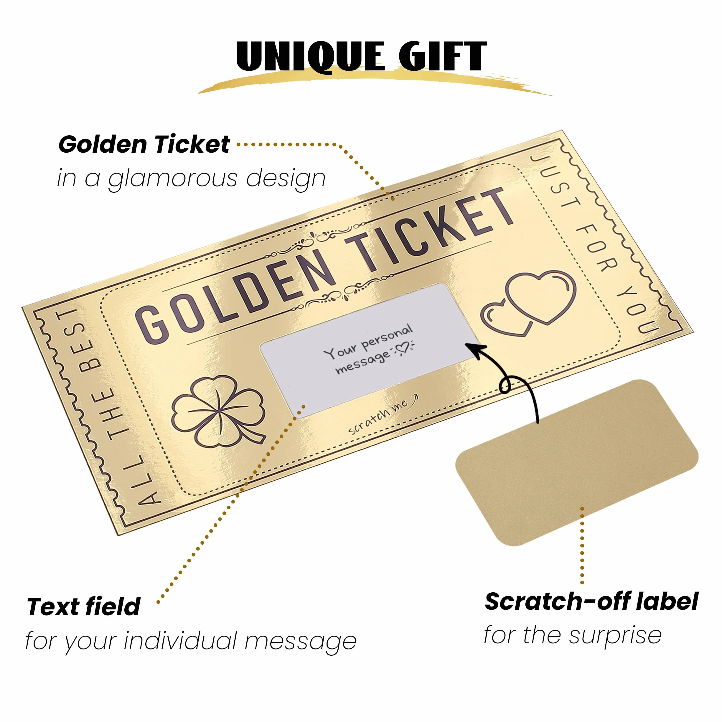 DasWas Carte à gratter Ticket d'Or - Carte Cadeau à Remplir avec Autocollant à Gratter - Cartes Cadeaux à Faire Soi-Même - Cadeau Personnalisé Enveloppe Scintillante