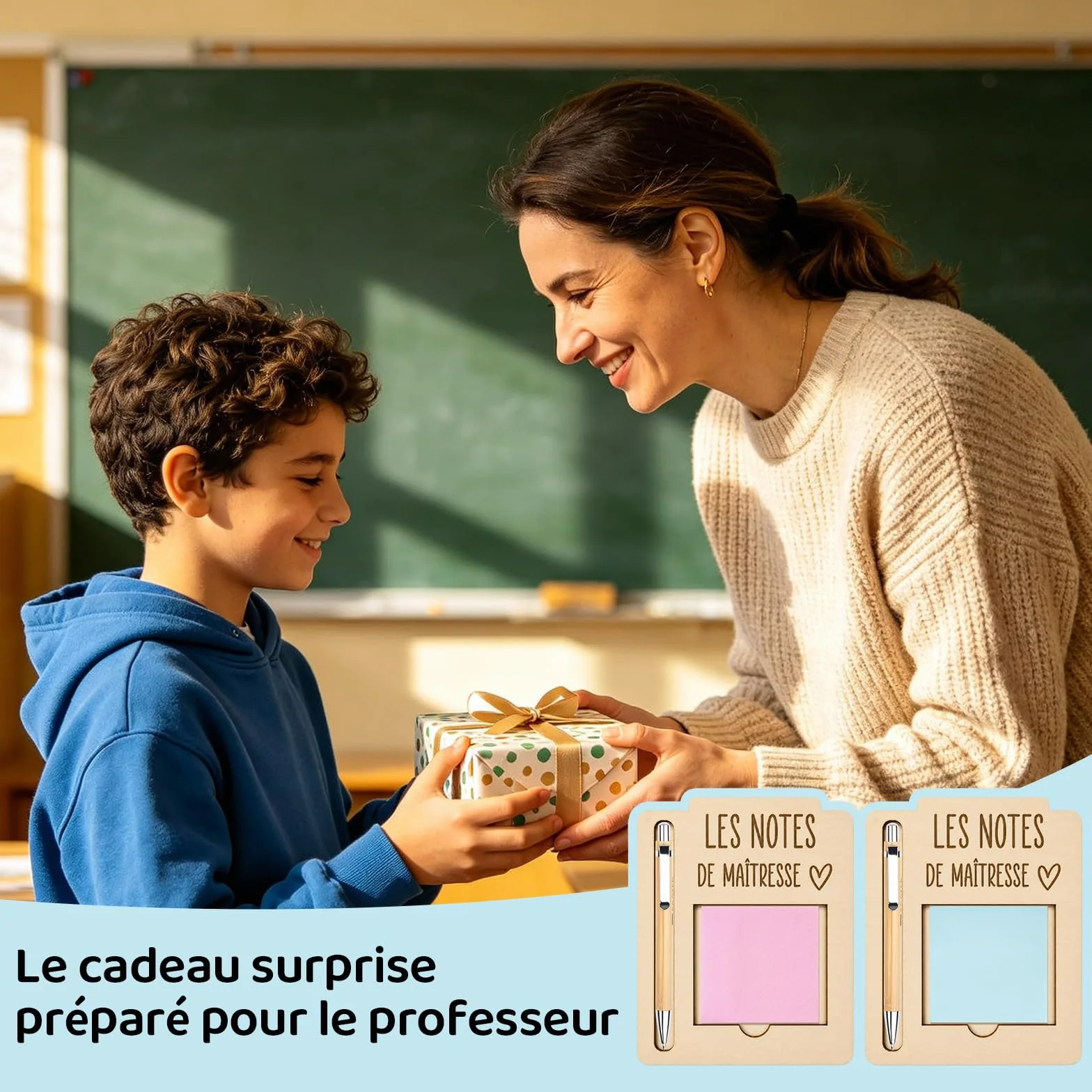 Ensemble 6 Pièces Porte-Notes En Bois Avec Stylos Et Pense-Bête, Cadeau Enseignante Original