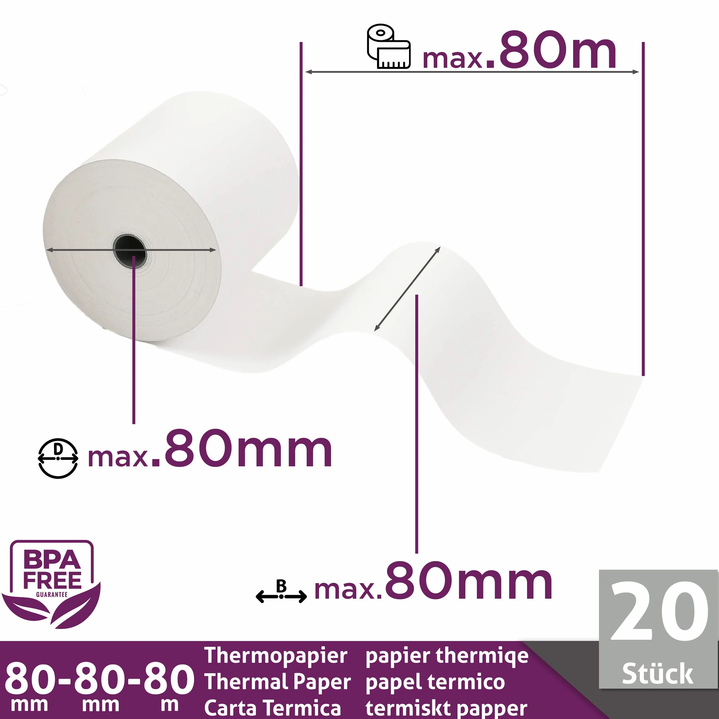 Rouleau Thermique 80x80x12 Bobine 80x80 pour Imprimante Thermique 80mm x 80m x 12mm Sans BPA