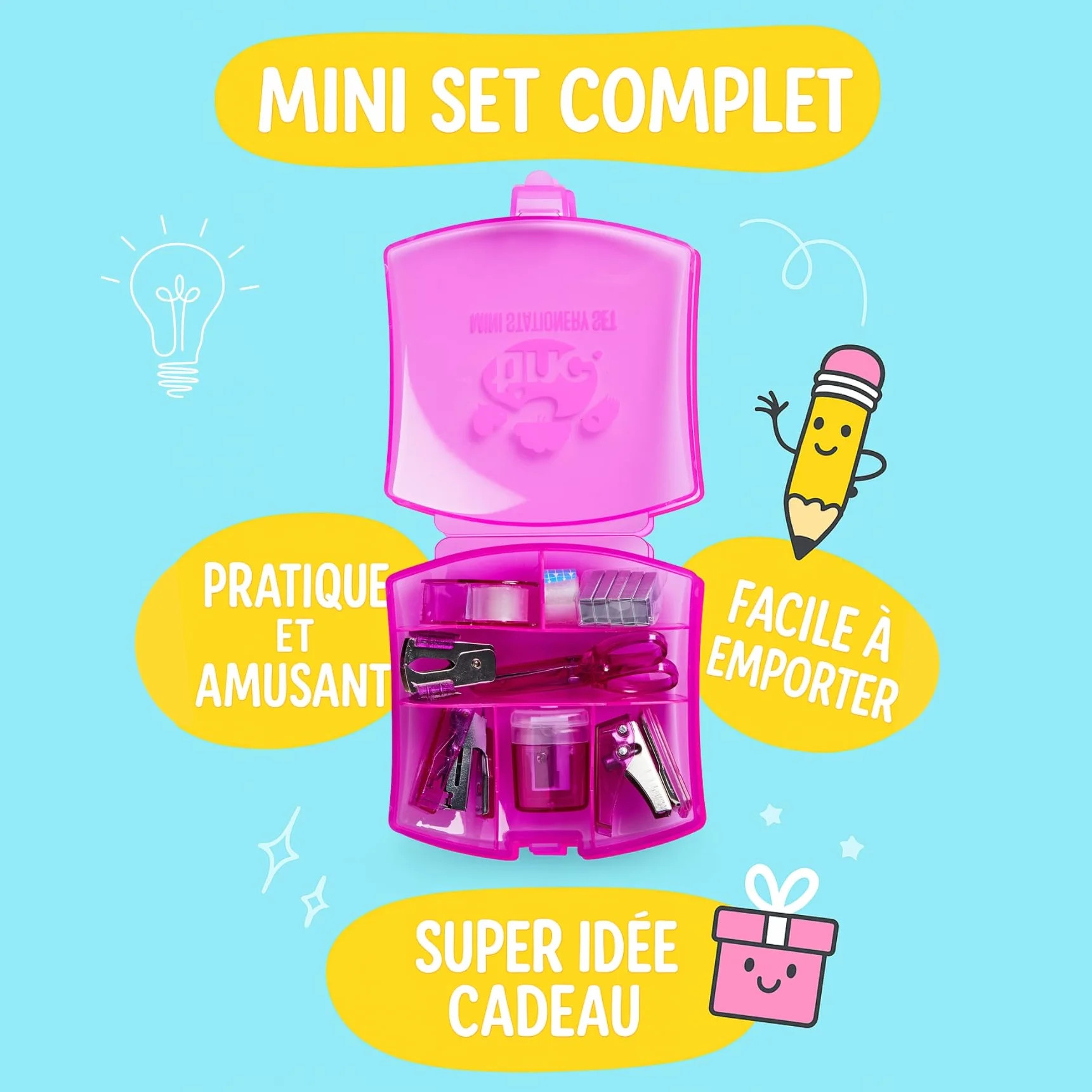 Mini Kit de Papeterie avec Agrafeuse, Ruban Adhésif, Ciseaux, Taille-crayon et Dégrafeuse - Fournitures de Bureau Compactes Rose