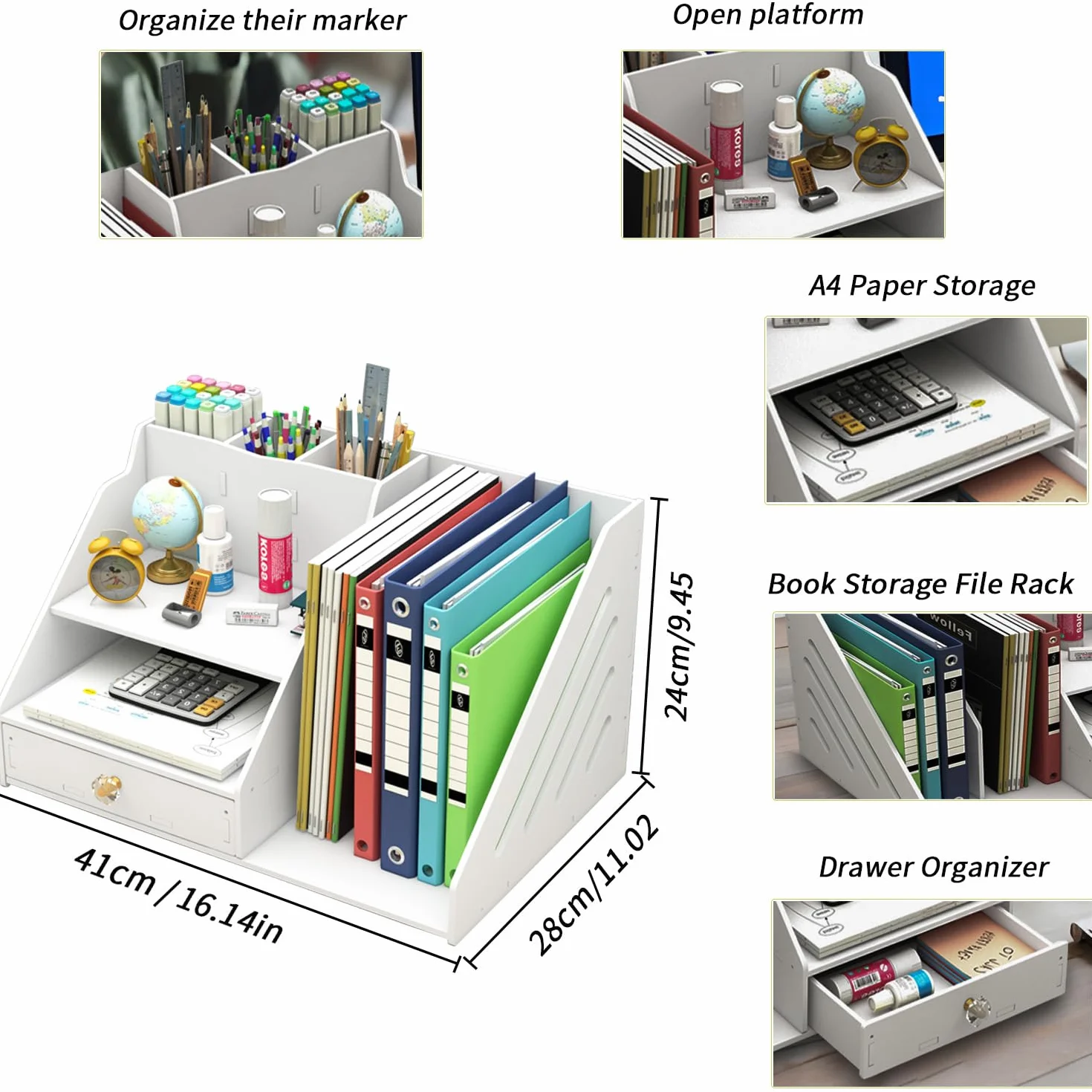 Bureau Organisateur avec Porte Documents et Tiroir, Rangement Blanc 3 Porte Stylos