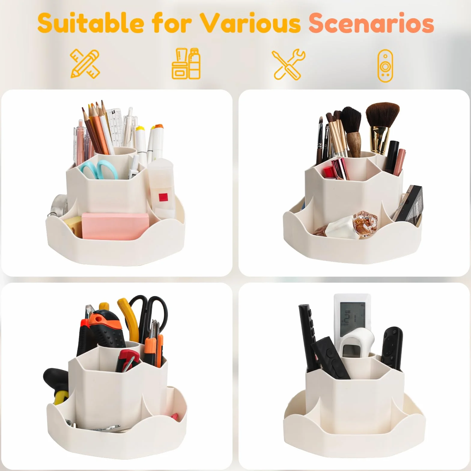 Euqvunn Organisateur de Bureau Rotatif, Pot à Crayon 9 Compartiments, Rangement Bureau 360° Porte Stylo Beige