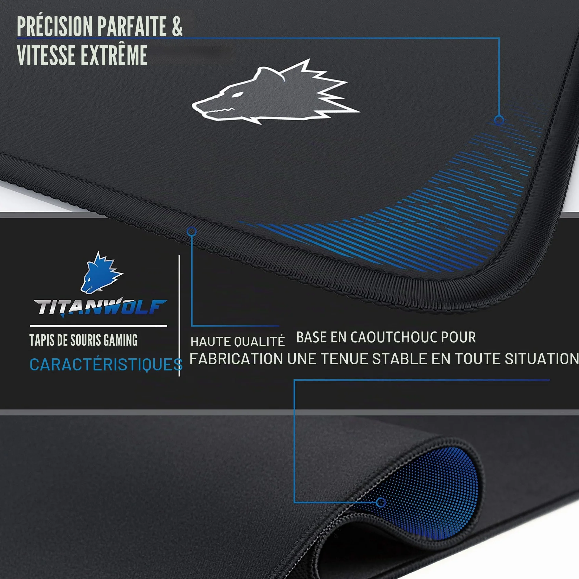 Titanwolf Tapis de souris XXL Speed Gaming noir 900 x 400 mm Grande base de table
