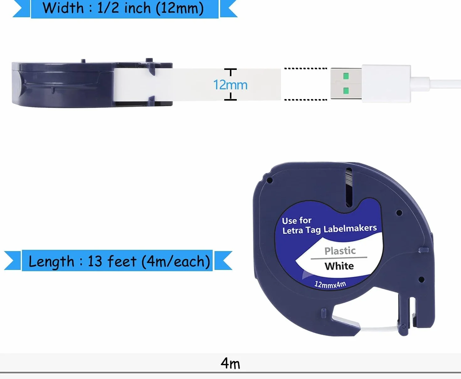 Ruban Compatible Dymo Letratag 12mm x 4m 5 Couleurs 91221 91222 91223 91224 91225
