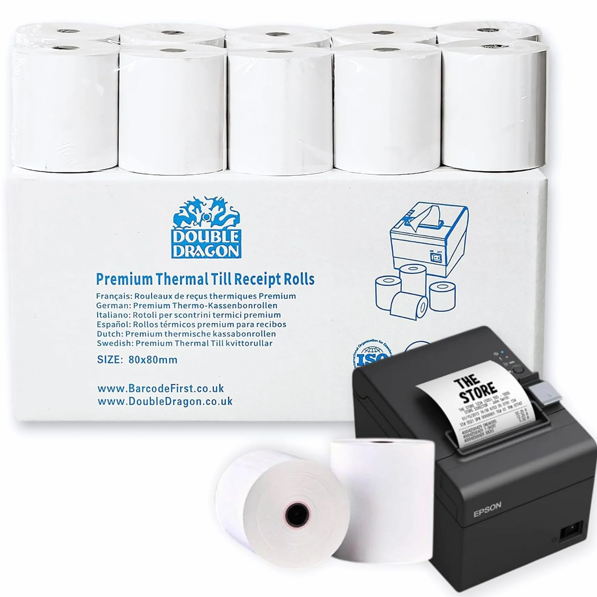 Double Dragon Papier Thermique Premium 80 x 80 mm Lot de 20 Rouleaux pour Tickets de Caisse