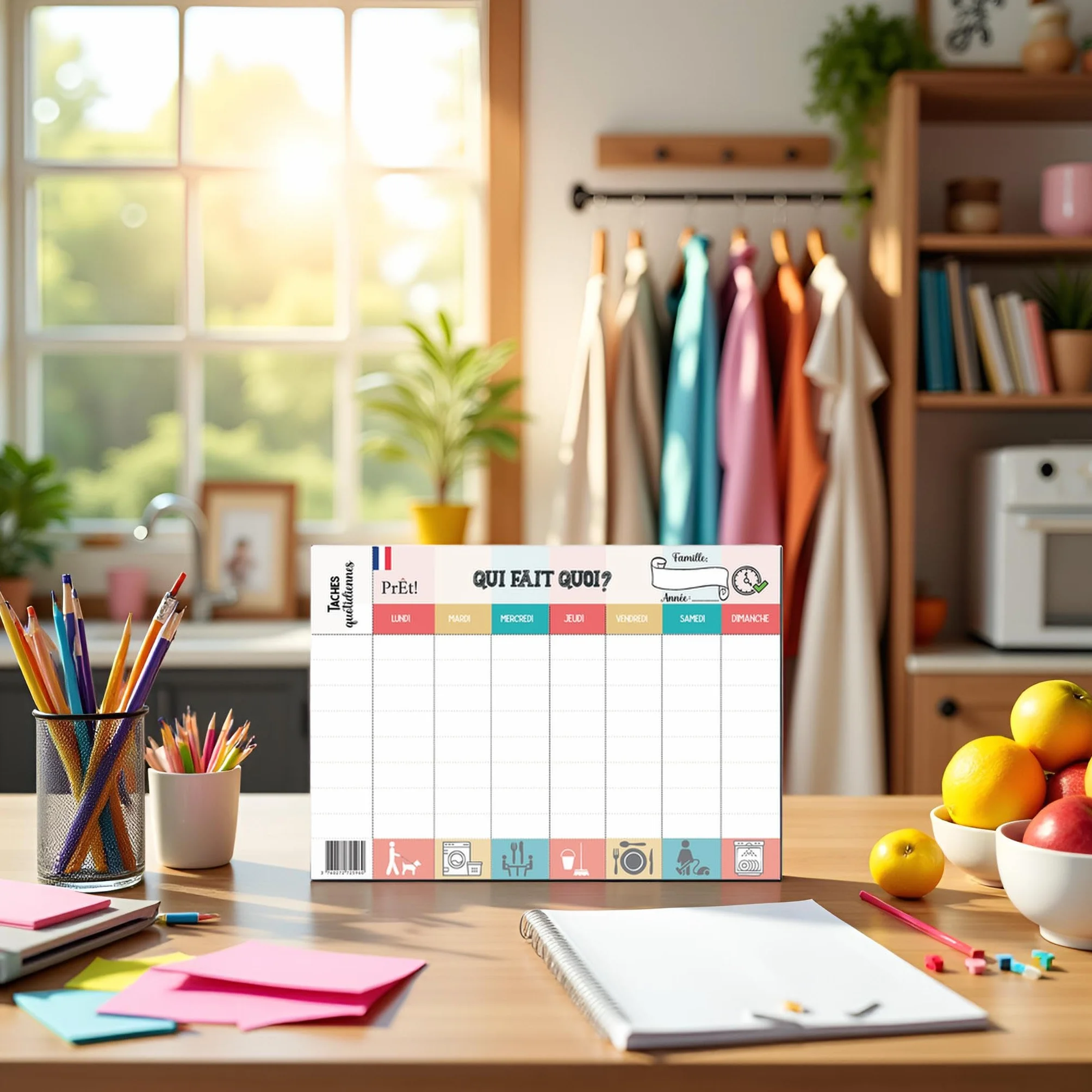 Calendrier Hebdomadaire Familial A3 à Remplir | Planning Mural Organisation Famille avec 8 Tâches Quotidiennes