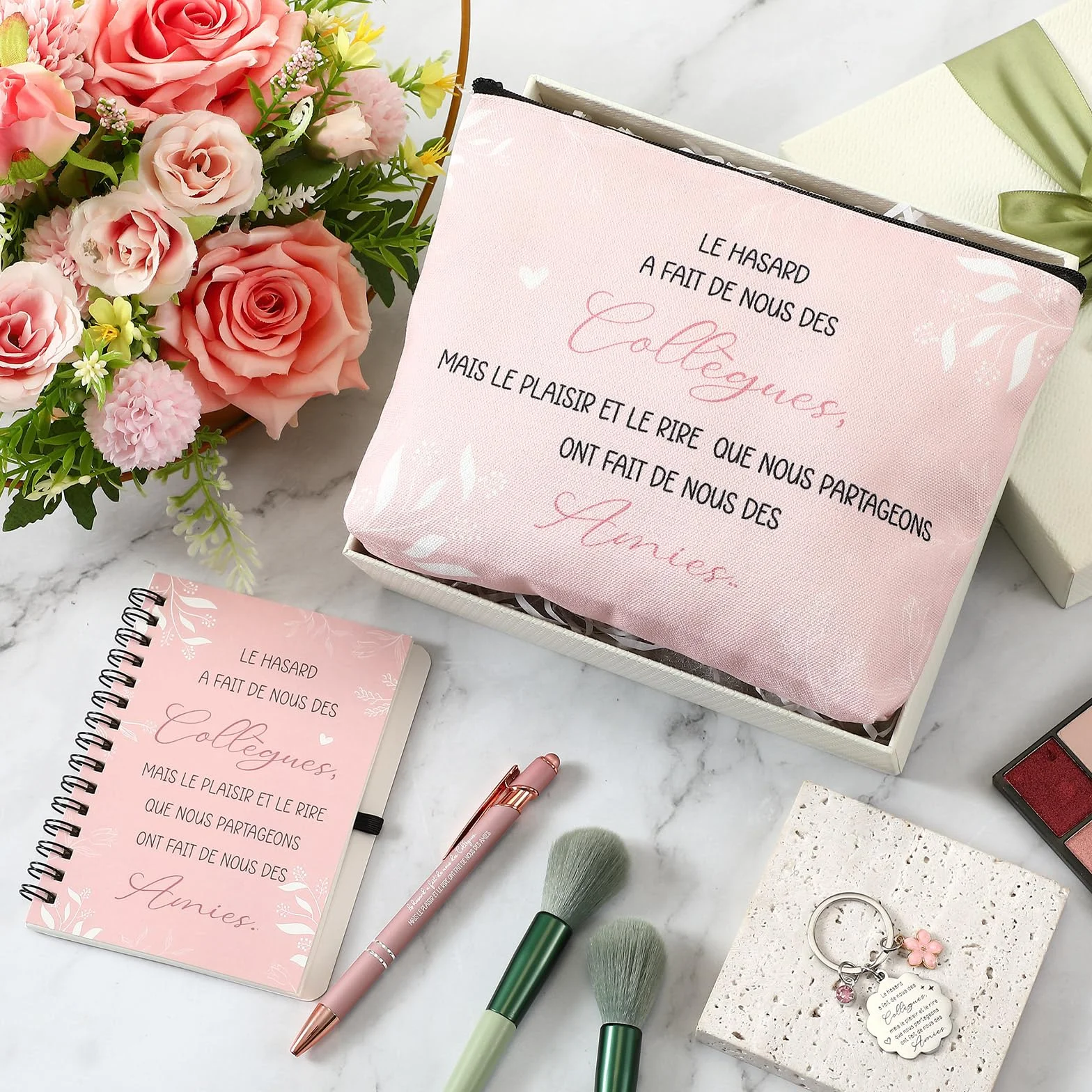 Hestya Carnet à Spirale Rose Stylo à Bille Trousse de Maquillage Porte-Clés Cadeaux de Remerciement pour Collègues