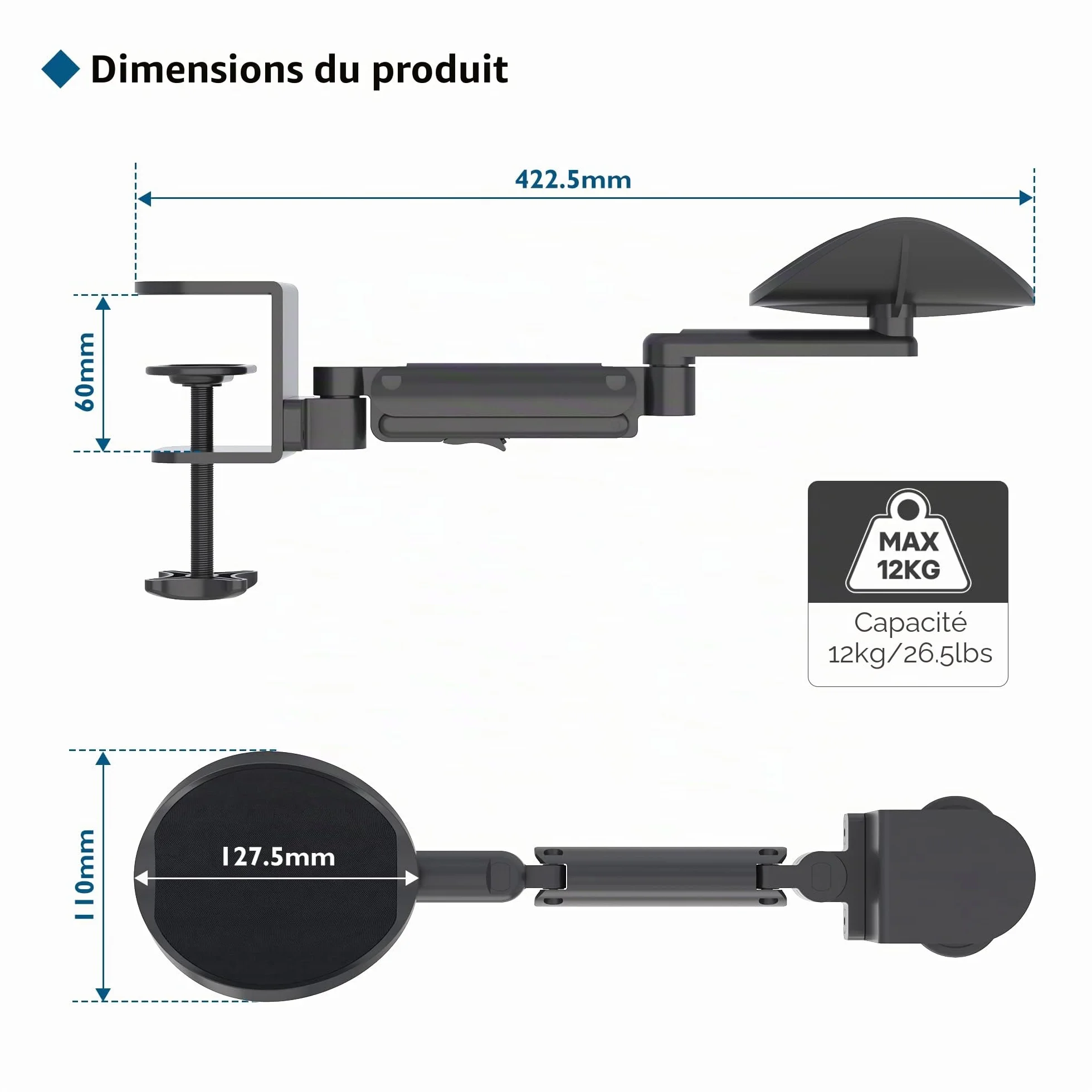 BONTEC Support de Bras Ergonomique Pivotant 360° 342 mm Aluminium Charge 12 kg Noir