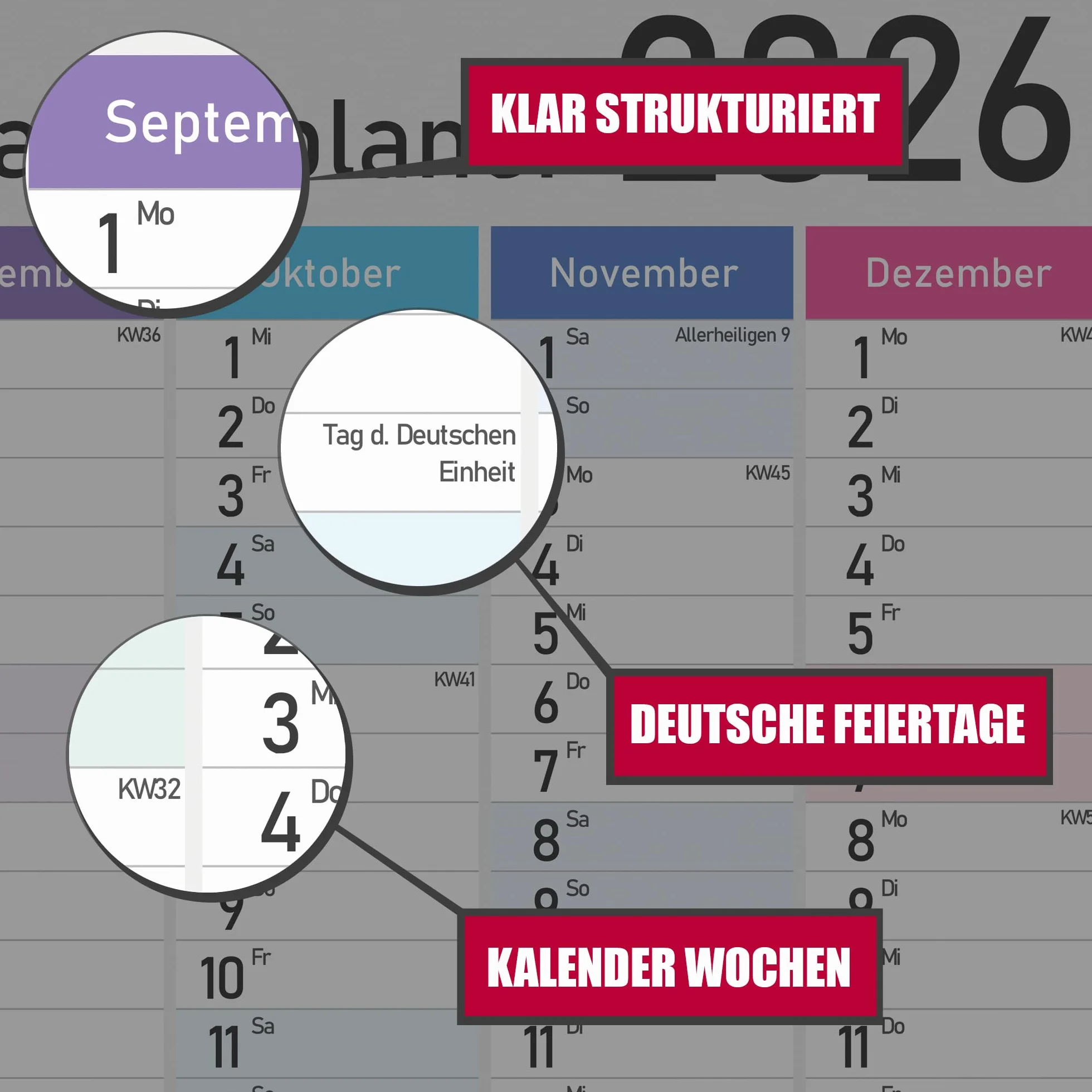 Calendrier annuel XXL 2026 A1 84x59 cm mural planificateur avec semaines et jours fériés
