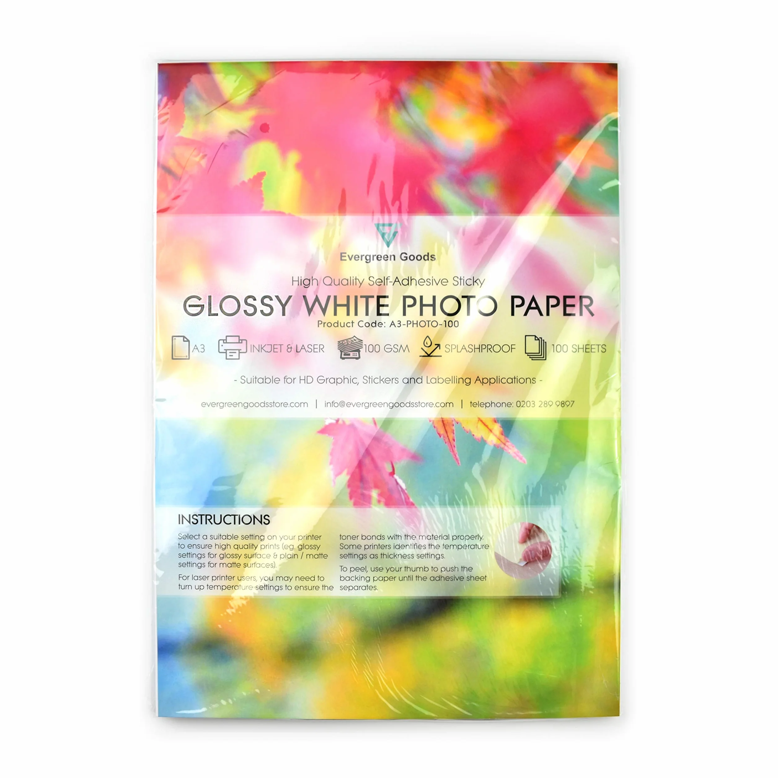 Evergreen Goods A3 100 feuilles Papier Photo Autocollant Blanc Brillant Imperméable