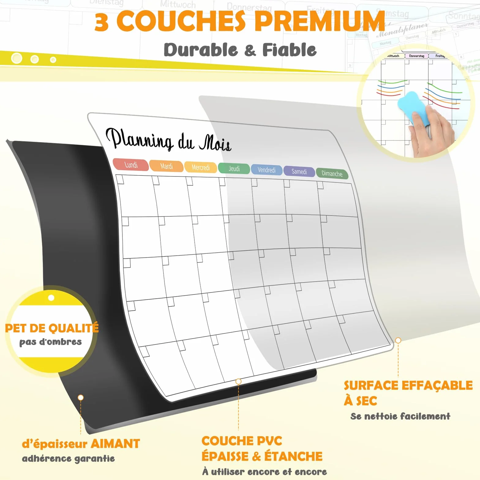 Plannings Frigo Magnétiques Effaçables – Semainier, Mensuel & Journalier – Organisation Famille, Menus & Tâches – Kit Réutilisable