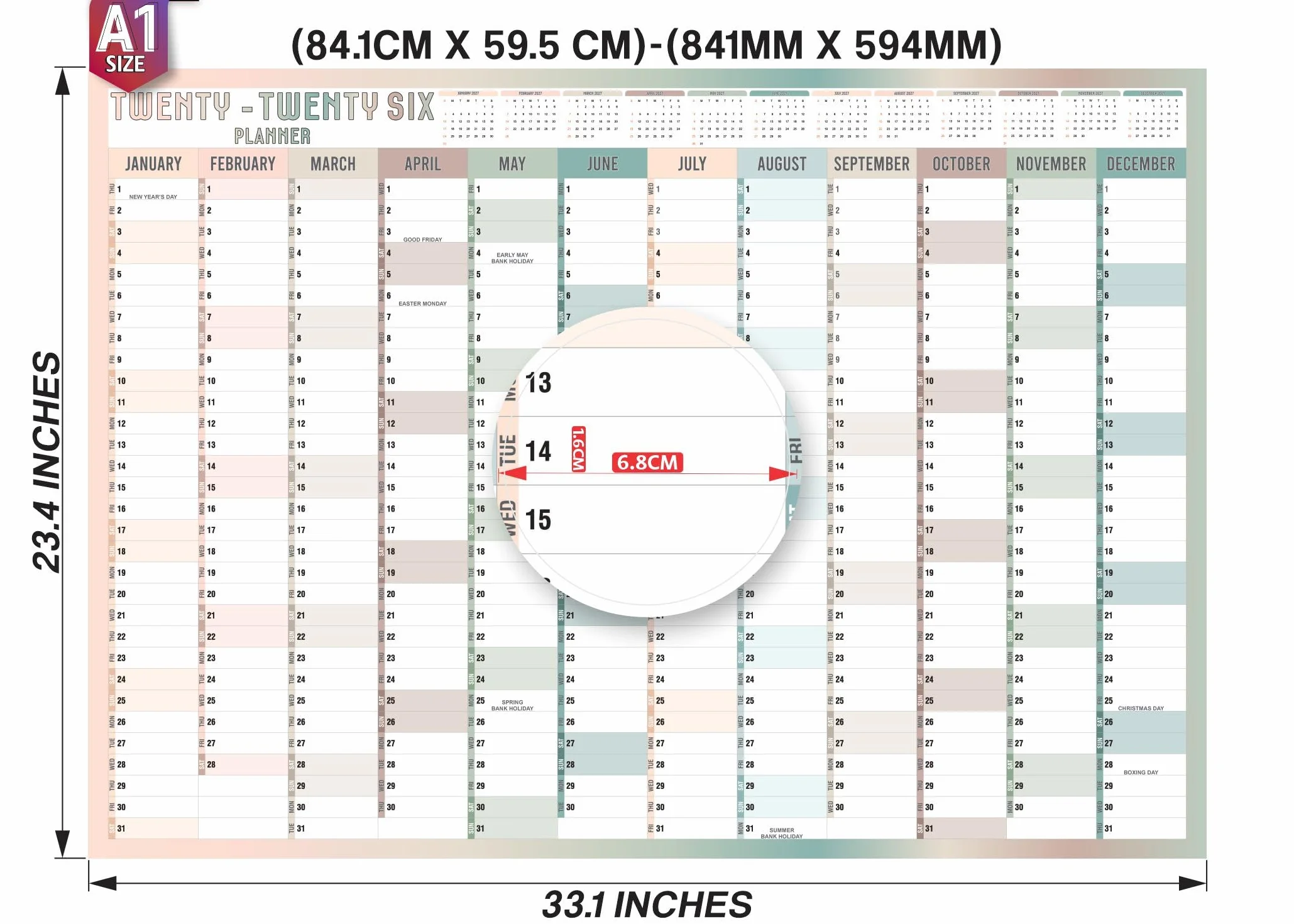 Planificateur Mural A1 2026 Calendrier Mural Grand 59,4x84,1cm Janvier à Décembre Planificateur Annuel