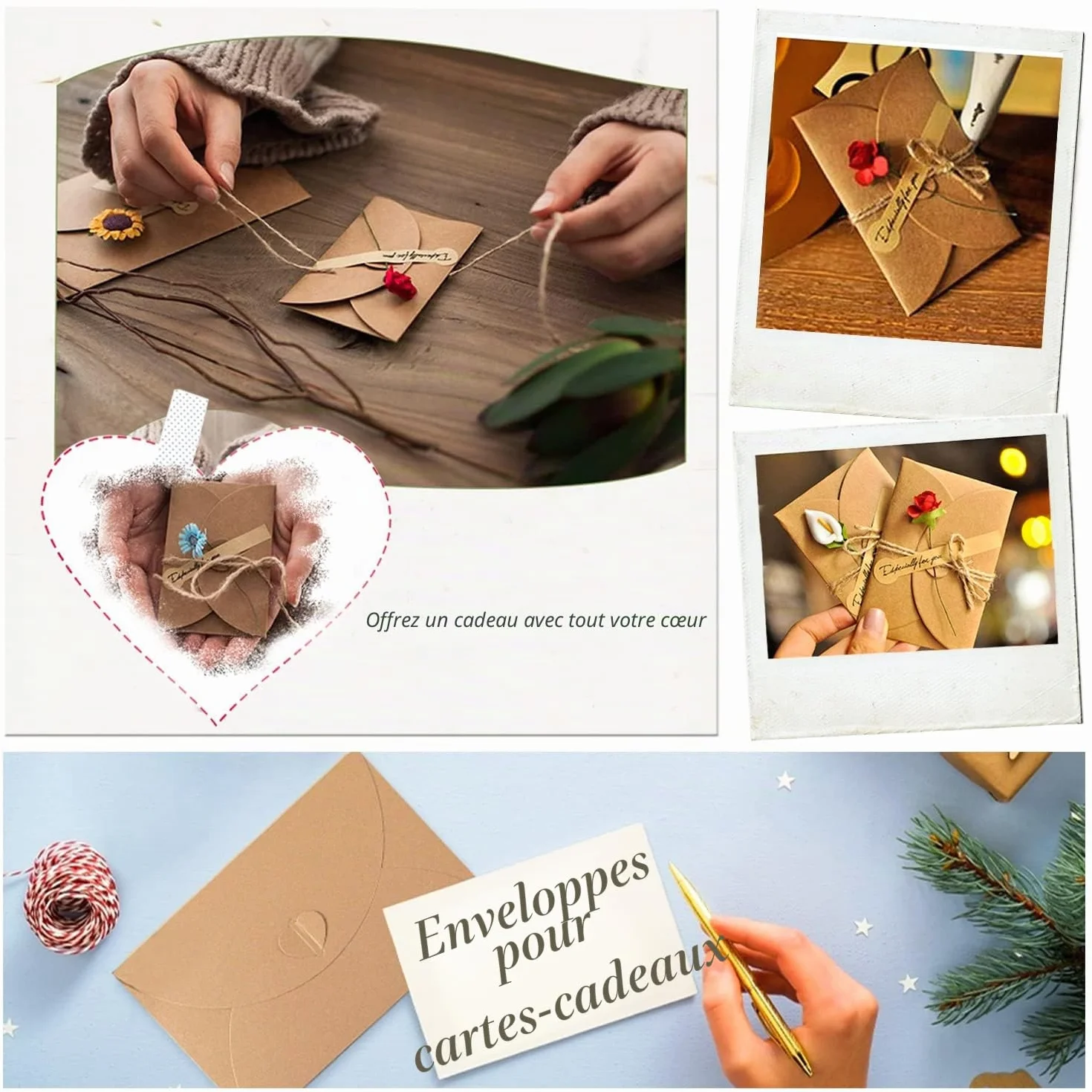 Enveloppes en Papier Kraft 50pcs 17.5x11cm Mini Enveloppe Carte Cadeau avec Coeur Fermoir