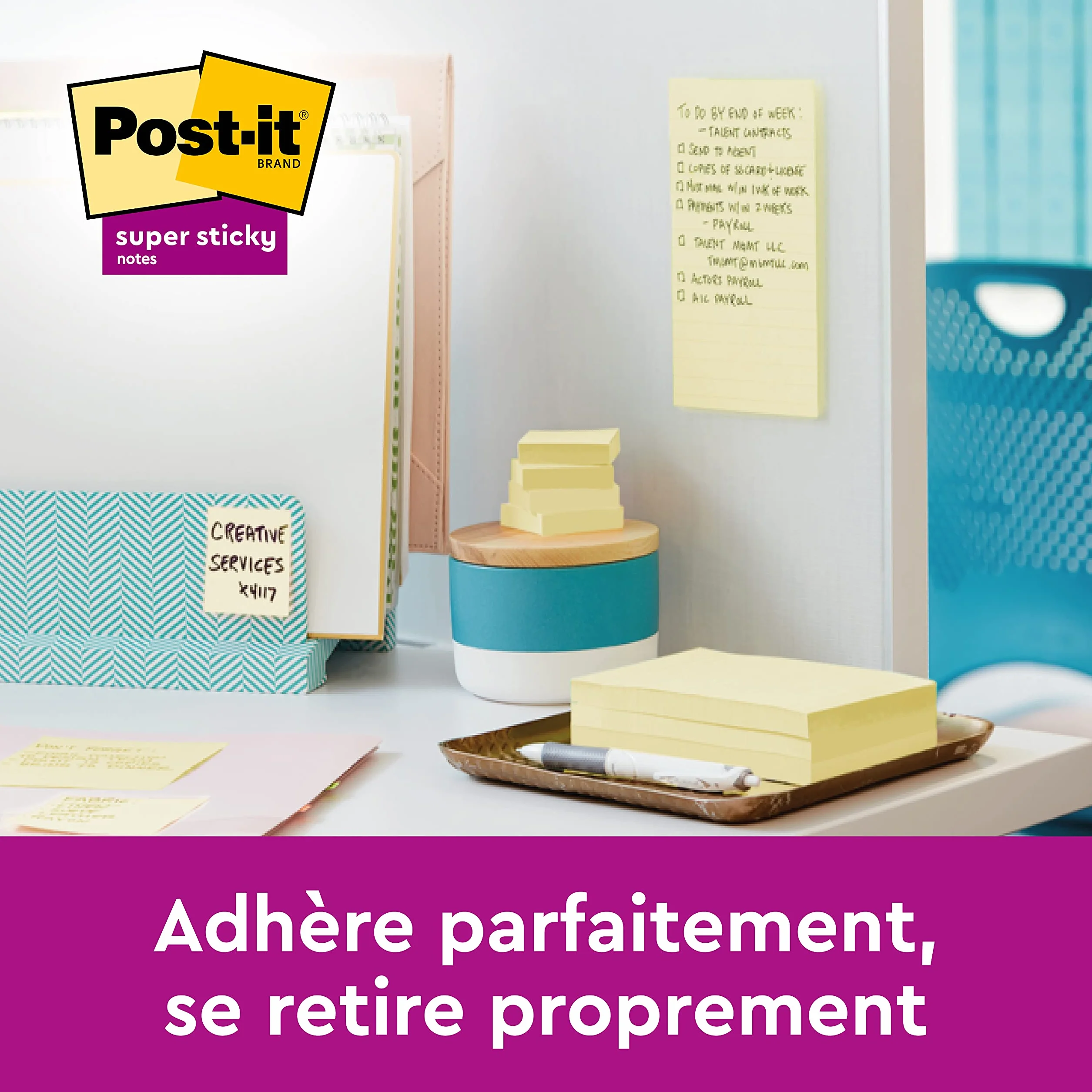 Post-it Notes Autocollantes Super Sticky 76 mm x 127 mm 90 Feuilles par Bloc 4 Blocs Jaune Pastel
