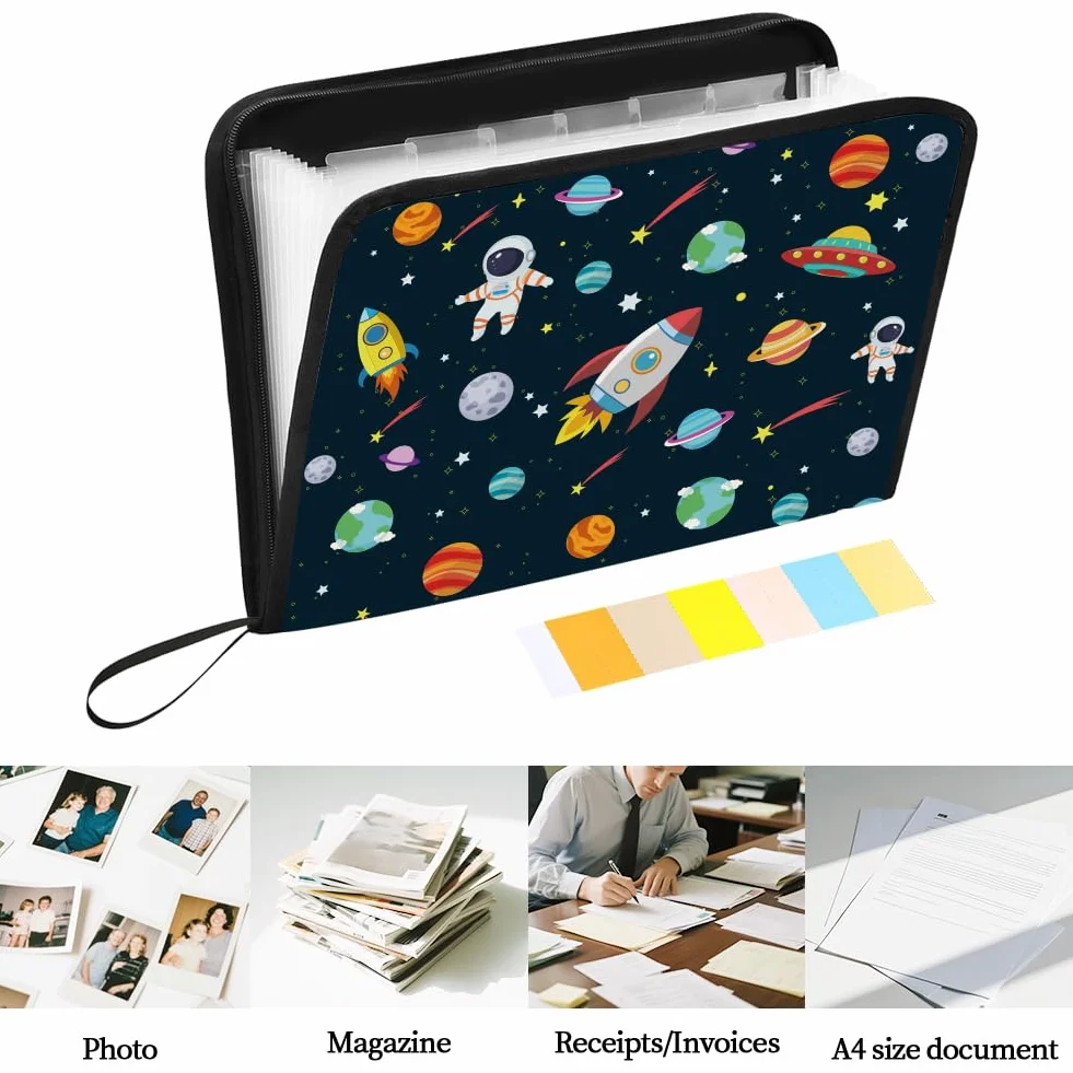 WEBEEDY Classeur à Soufflet Star Rocket Planets Astronaut 13 Pochettes A4 Organiseur Documents Portable