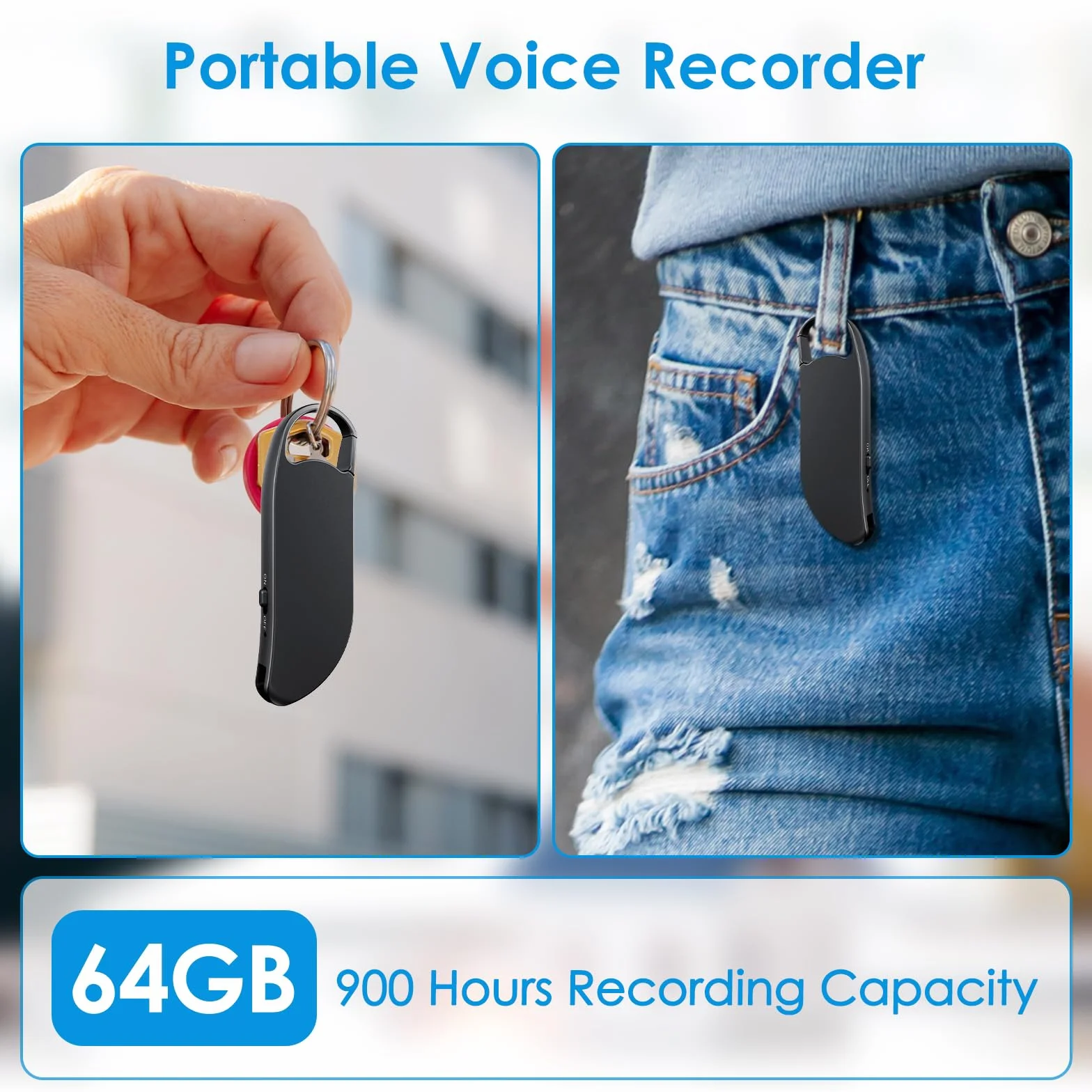 Dictaphone Enregistreur Vocal 64 Go, Numérique Une Touche, 1536 kbps, Réduction de Bruit, Activation Vocale