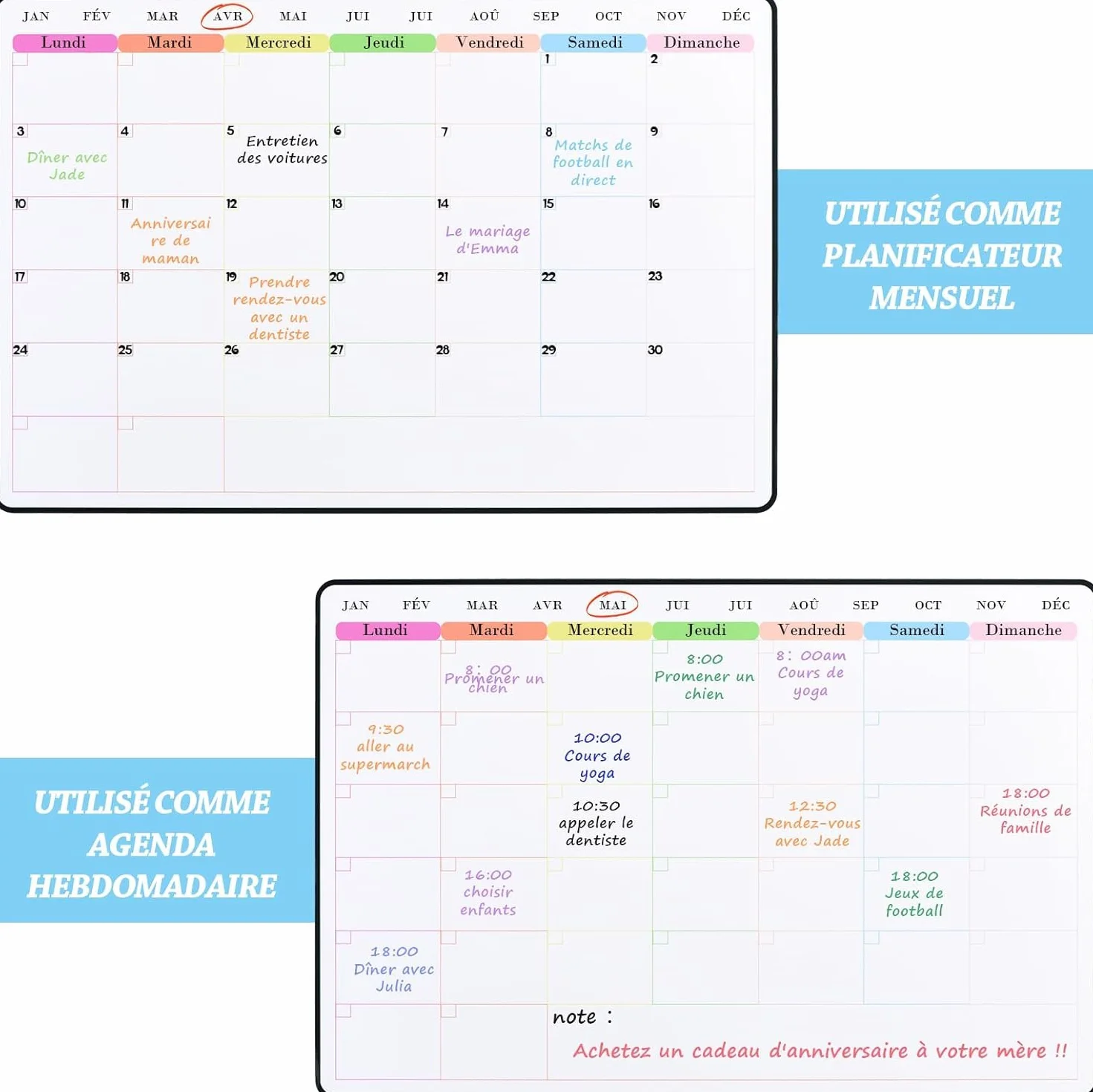 POPRUN Calendrier Adhésif Tableau Blanc Planning Mural 60x40 cm Planificateur Mensuel Semainier Effaçable