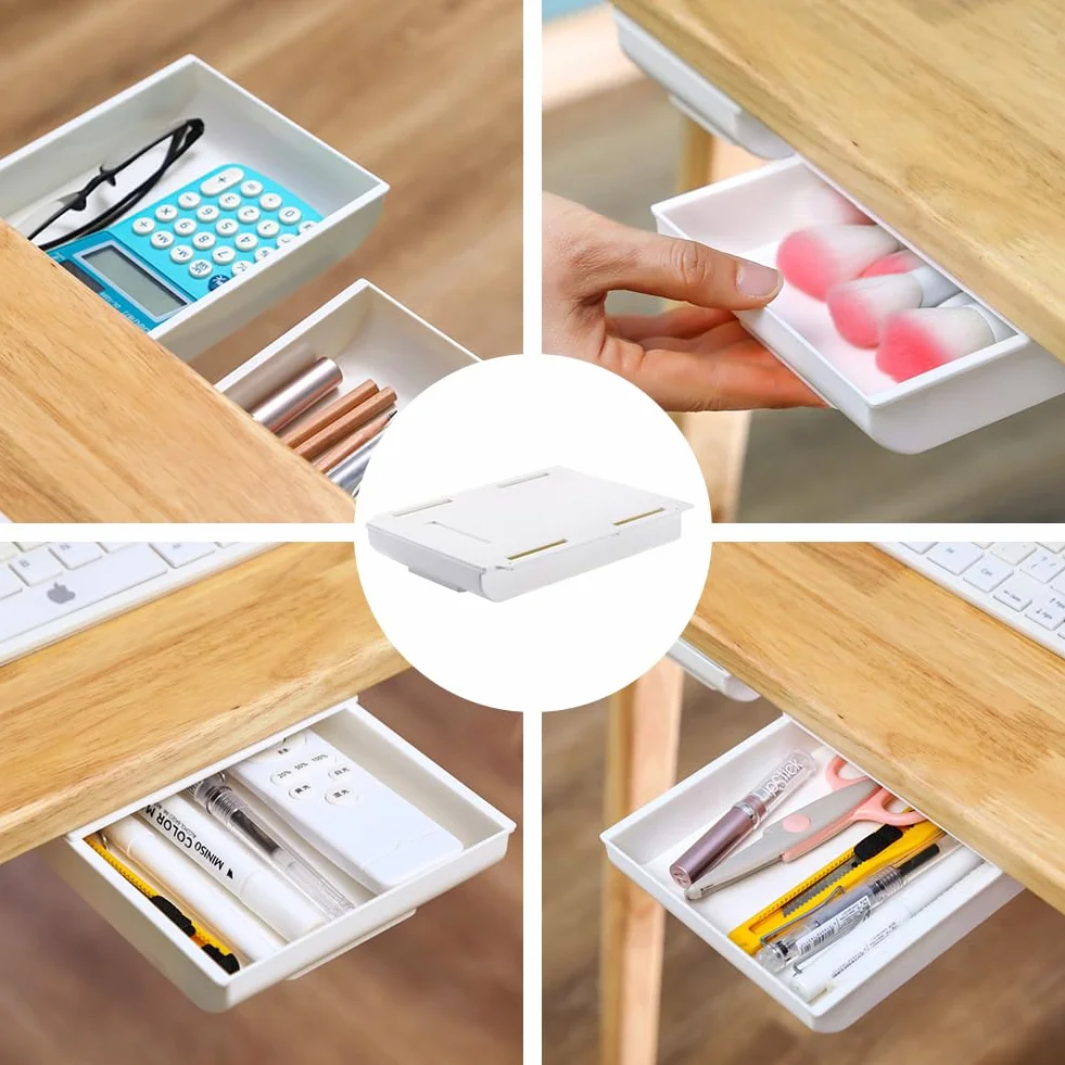 Tiroir Sous le Bureau Autocollant Rangement Blanc 25.5×20×4.2cm