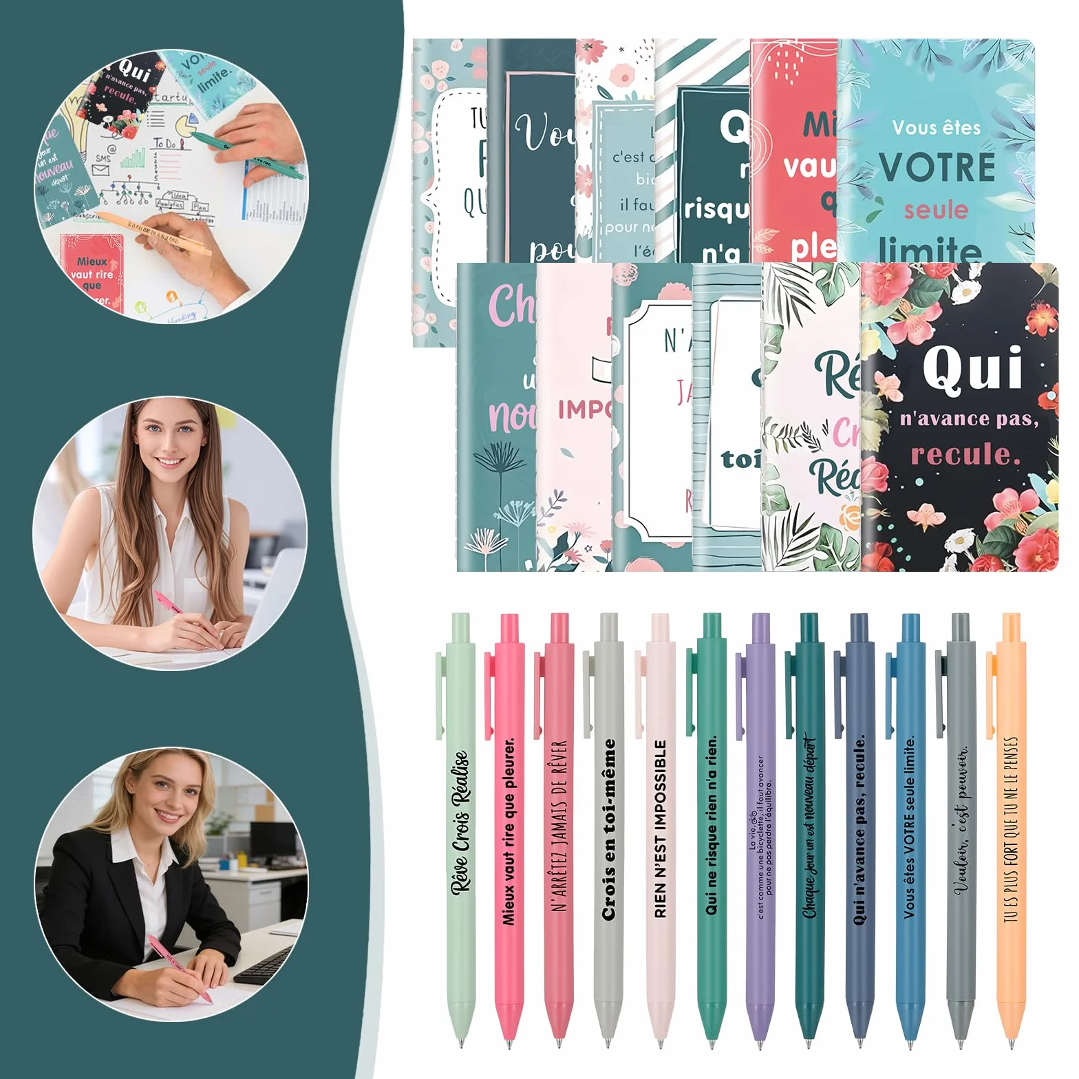 Coffret cadeau 12 pièces carnets stylos bille citations inspirantes
