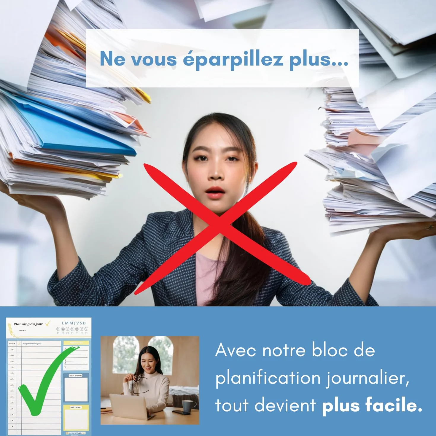 Bloc planning du jour français 50 pages - Planificateur journalier A5 papier activités tâches