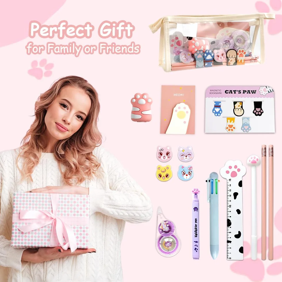 Kit Papeterie Patte de Chat 19 PCS Mini Rouleau à Crayons Ruban Correcteur Notes Adhésives Signets Magnétiques Stylos Pointeurs Gomme Règle Surligneurs