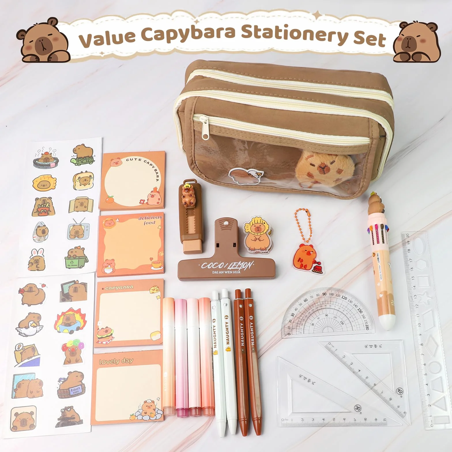 Ensemble Papeterie Capybara 26 Pièces Trousse à Crayons Kawaii Stylos Règle Autocollants Rentrée Scolaire