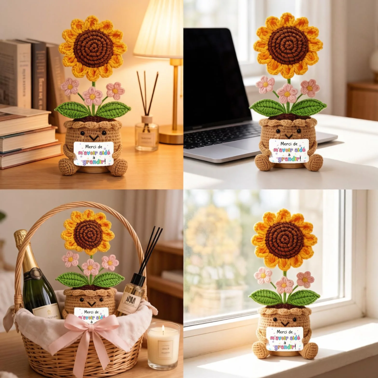 Tournesol au Crochet Fait Main Cadeau pour Éducatrice de Garderie - Fleur Éternelle avec Carte de Remerciement