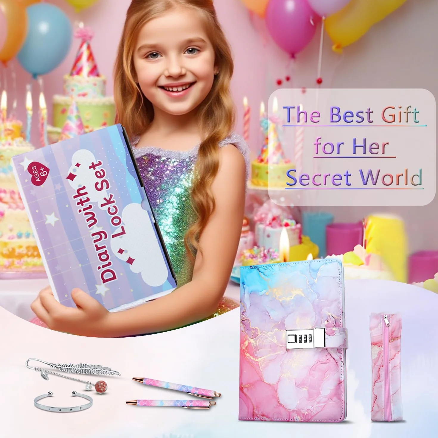 Journal Intime Fille avec Serrure à Combinaison, Carnet Secret Cuir PU avec Stylo, Marque-page, Bracelet, Set Papeterie Cadeau Adolescentes
