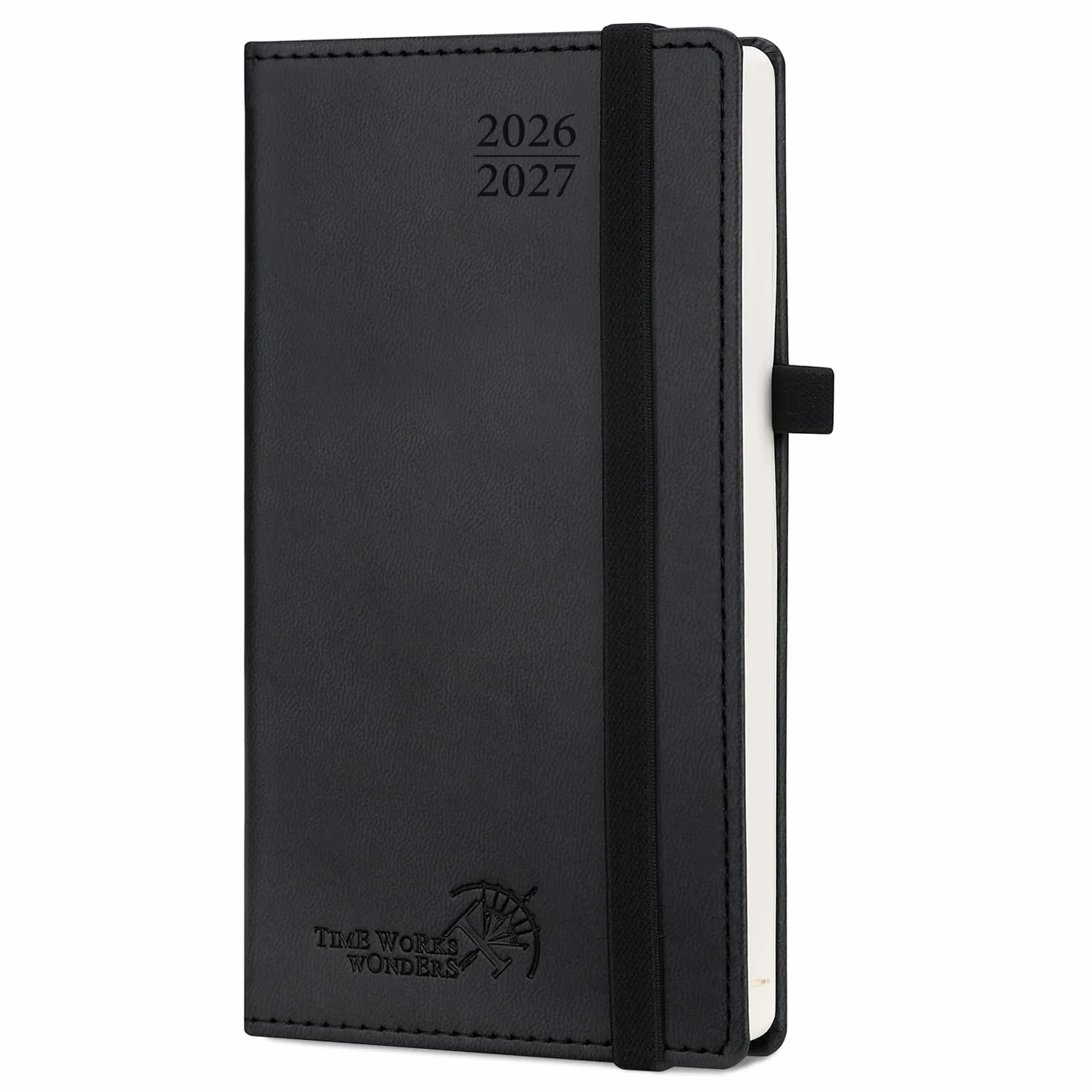 POPRUN Agenda de Poche 2026-2027 Semainier 16,5 x 9 cm 17 Mois Couverture Rigide PU Cuir Noir
