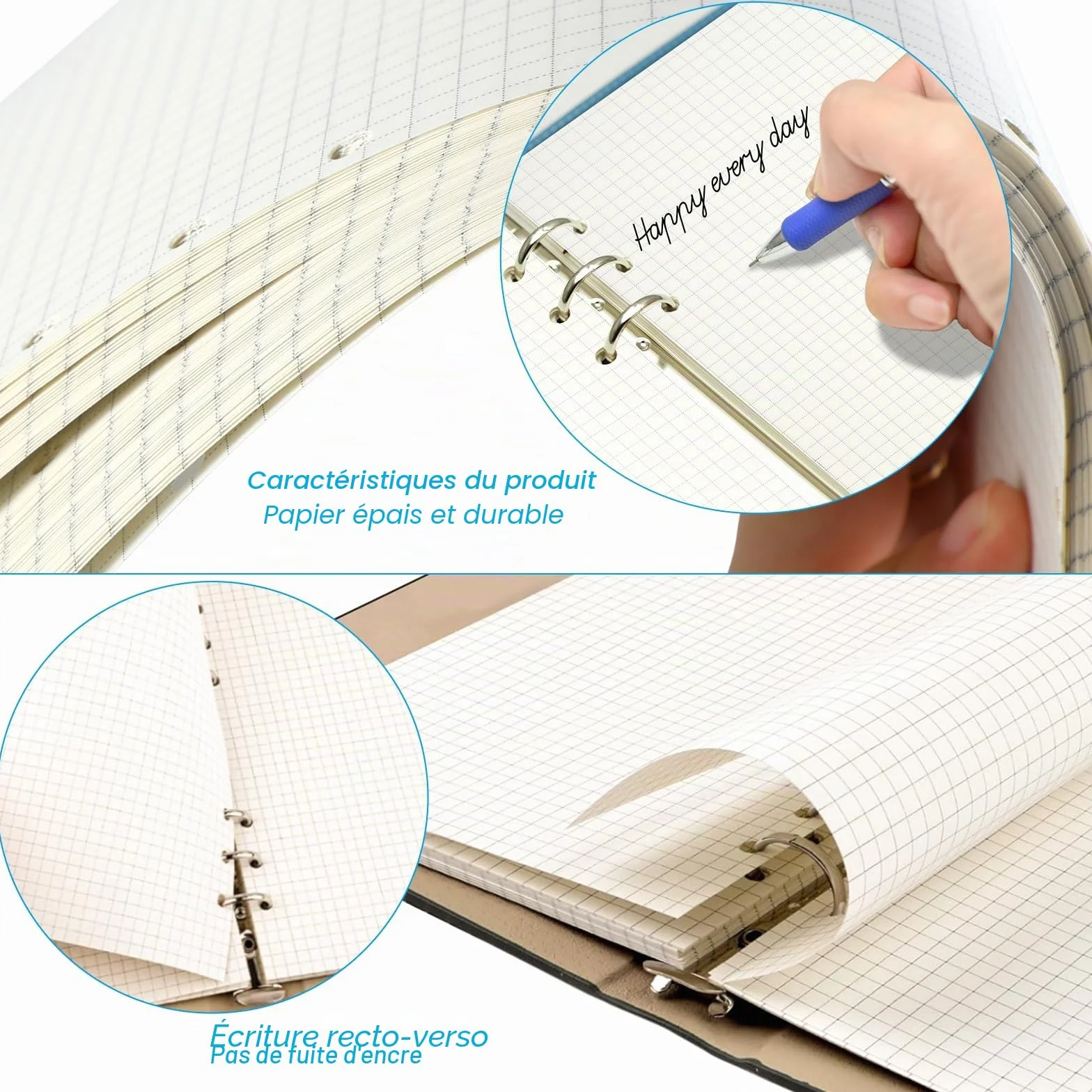Feuilles A5 Grands Carreaux 180 Feuilles Papier A5 Copies Doubles Perforées Recharges pour Agendas