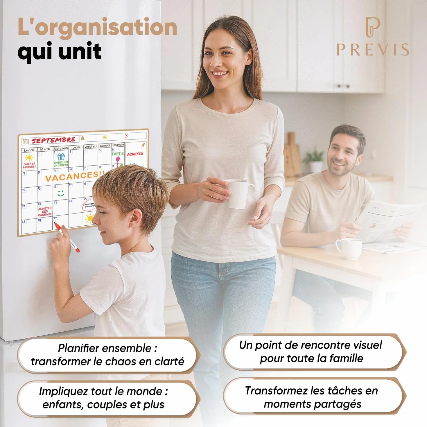 Previs Calendrier Magnetique Frigo A4 (21x29cm) avec 3 Marqueurs Premium - Planning Magnetique Familial 2025 2026