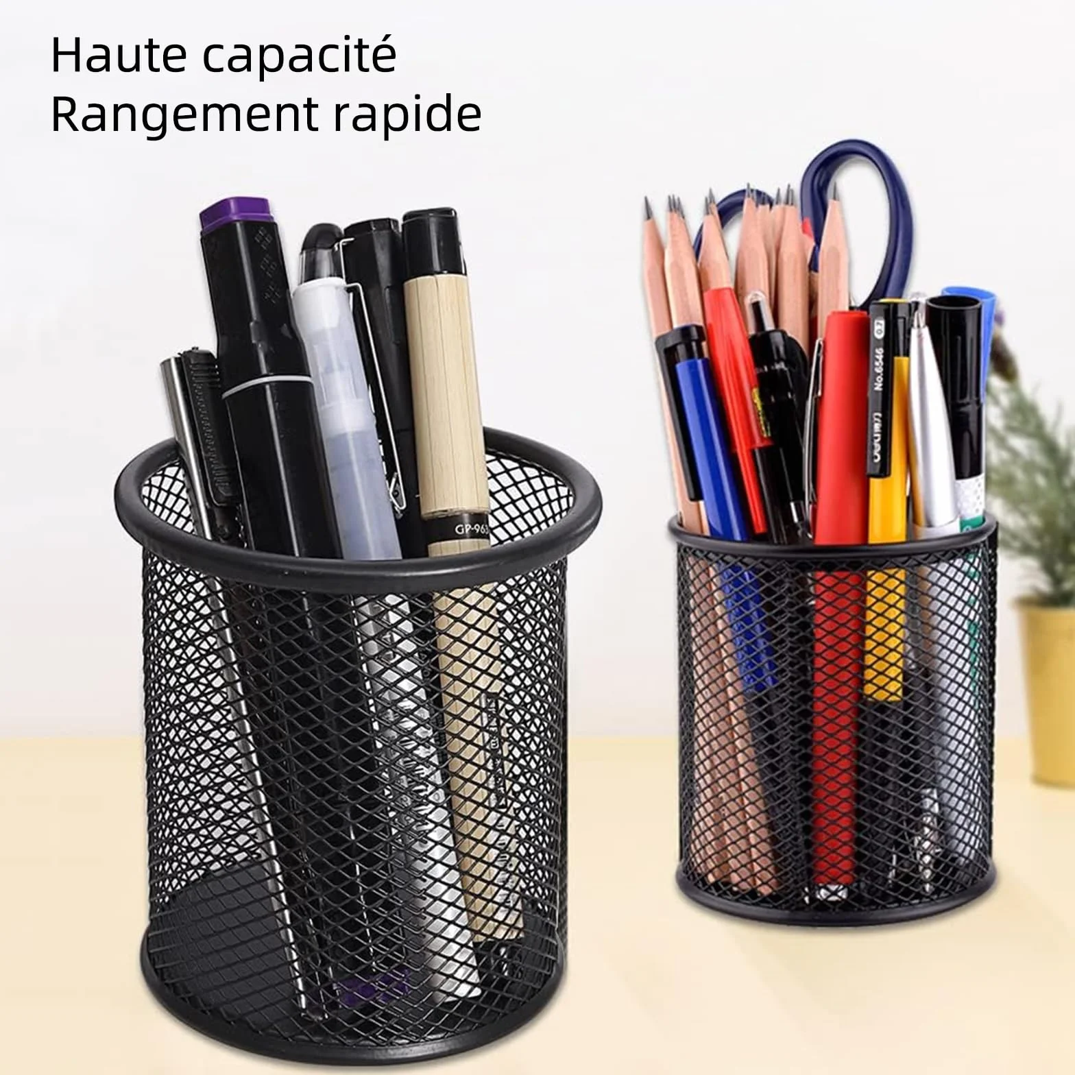 Qualsen Pot à Crayon en Métal Rond 4 Pièces, Grande Capacité Porte-stylo Organisateur de Bureau Noir
