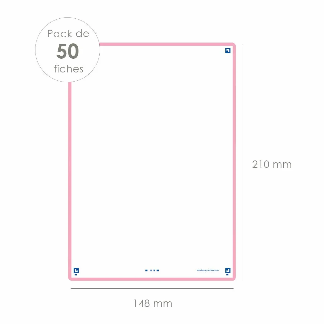 OXFORD Fiches bristol A5 Blanc Recto/Verso Lot de 50 - cadre Rose