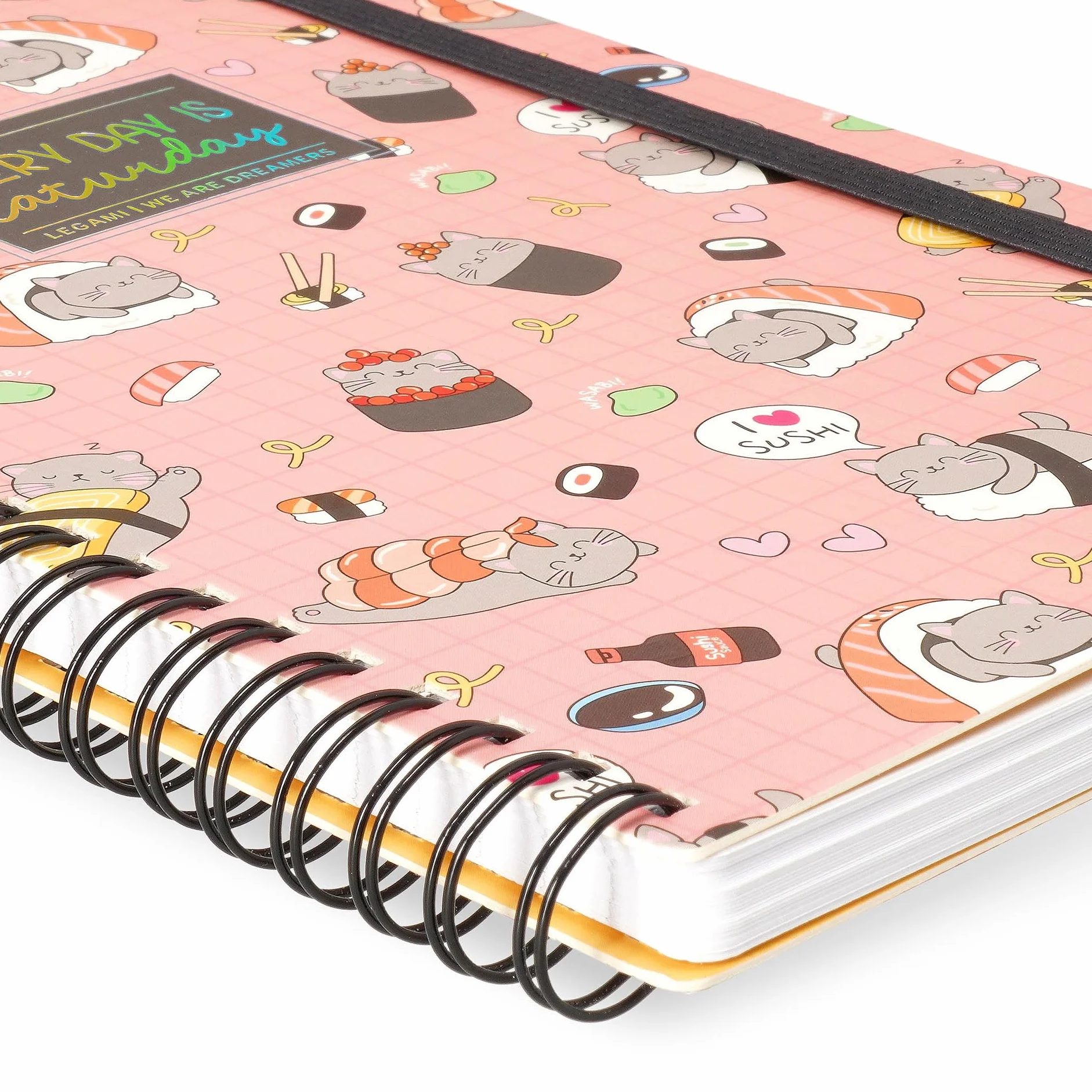 LEGAMI Cahier à spirales ligné 7 mm A4 Sushi Cat 160 pages Fermeture élastique 15 x 21 cm