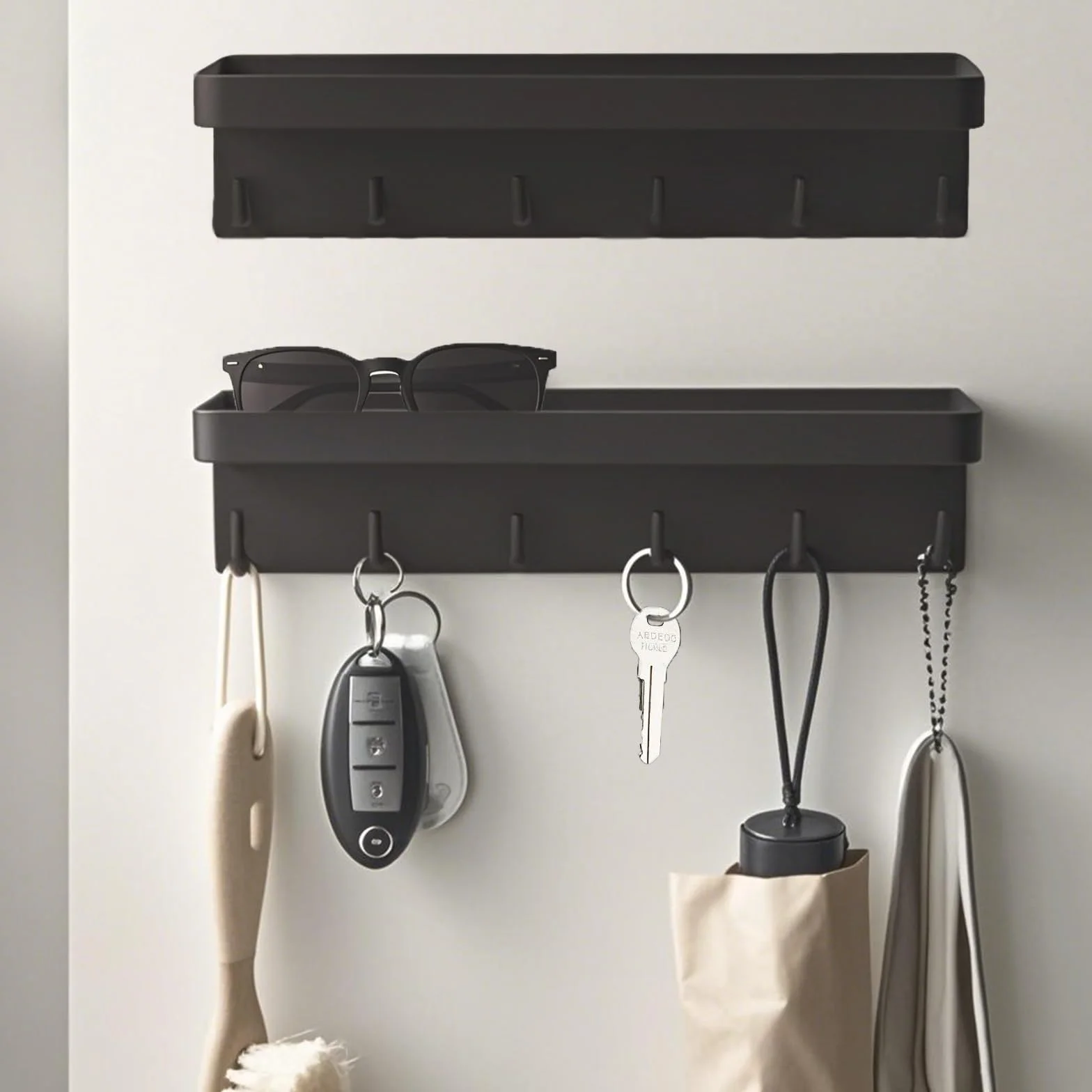 Porte-clés Mural Lot de 2 avec 6 Crochets Magnétique et Adhésif 24,5 cm Noir Rangement