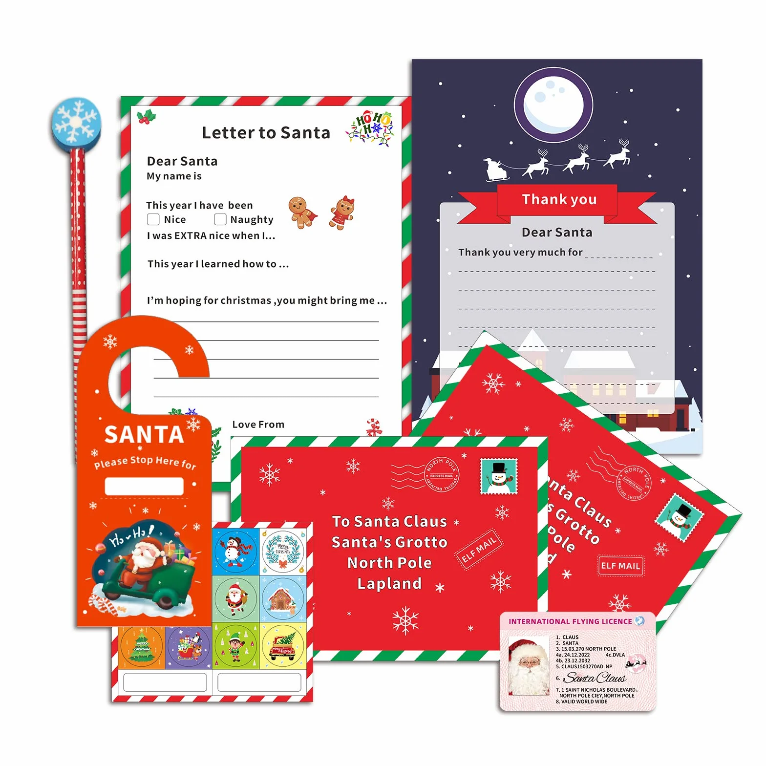 Lot de 8 pièces Kit lettre au Père Noël pour enfants avec autocollants et crayon