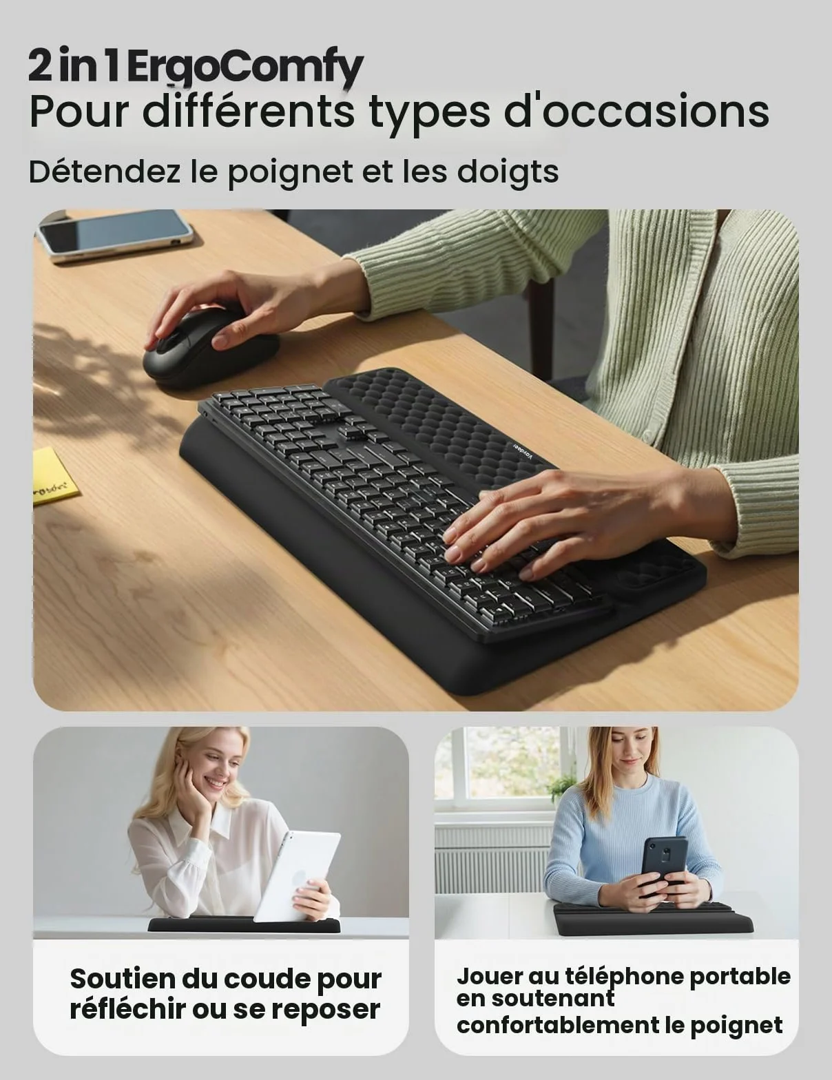 VAYDEER Repose-Poignets Ergonomique avec Rehausseur de Clavier, Support 2-en-1 en Mousse à Mémoire de Forme, Antidérapant pour Bureau – Noir