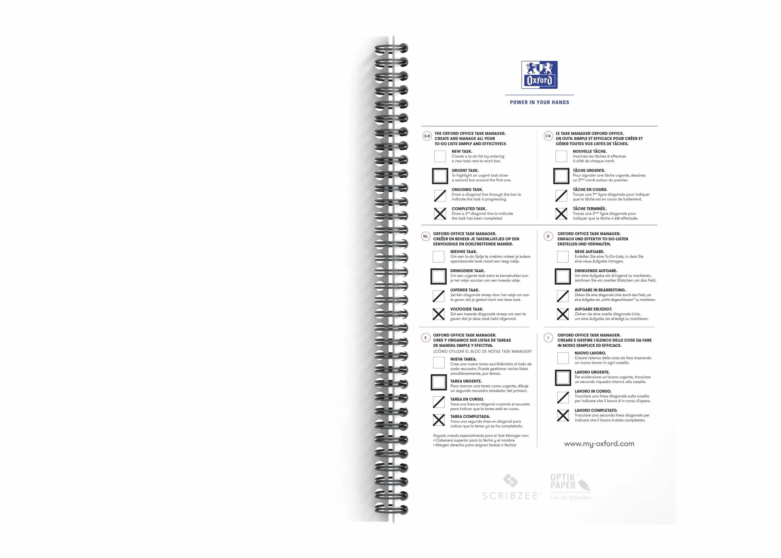 Oxford Planificateur de carnet de notes 115 feuilles Bleu 90gr