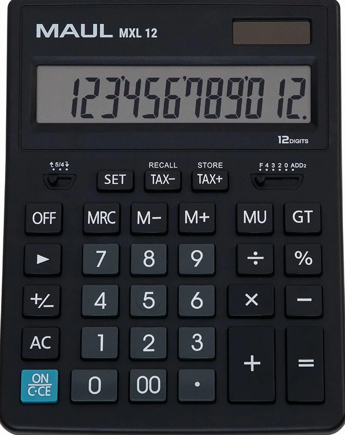 MAUL Calculatrice de Bureau Mxl 12 12 Chiffres Calcul de Taxes Alimentation Solaire et Pile 20.5 x 15.5 cm Noir