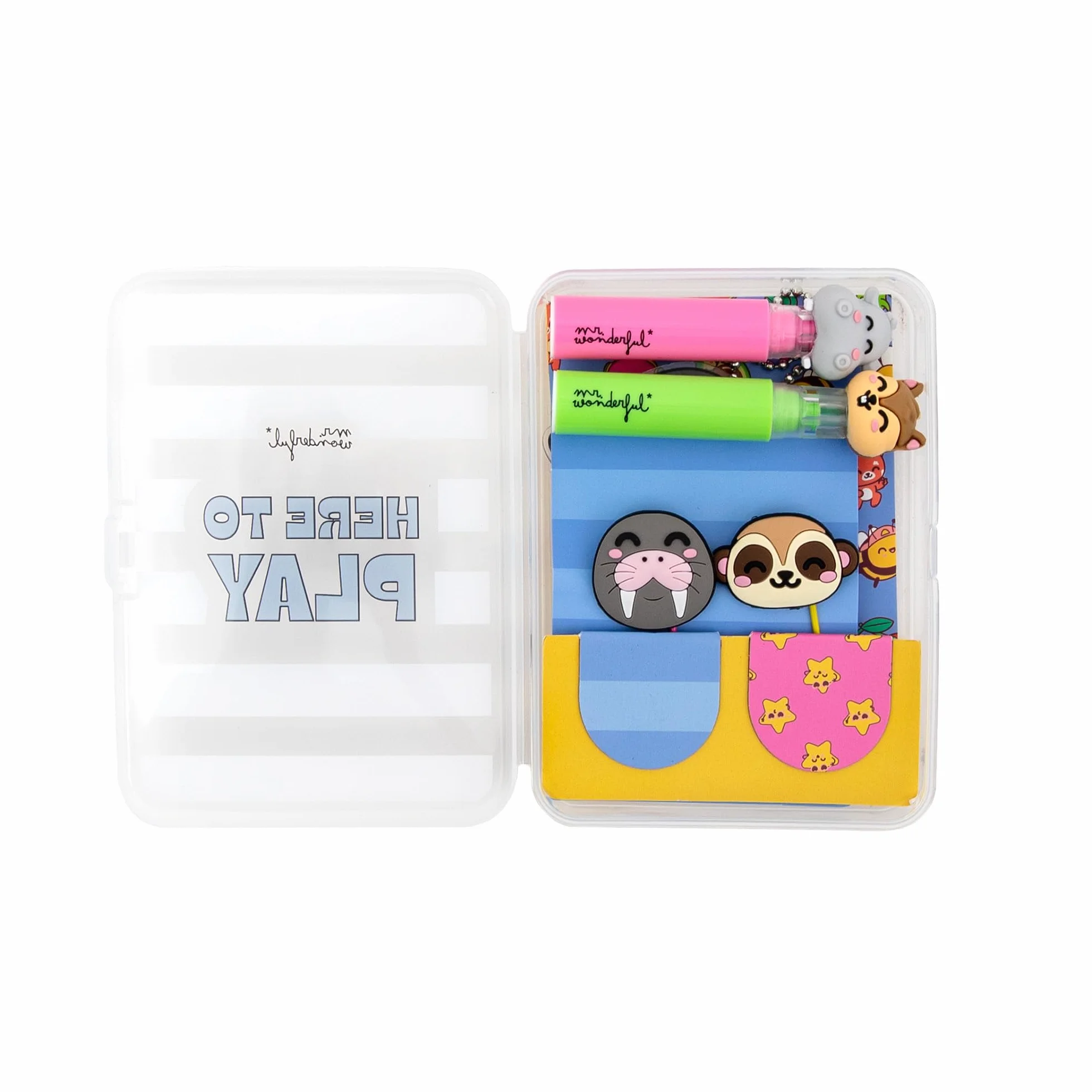 Mr. Wonderful Kit Papeterie Créative Here to Play – Set Autocollants Surligneurs Marque-Pages Mini Carnet