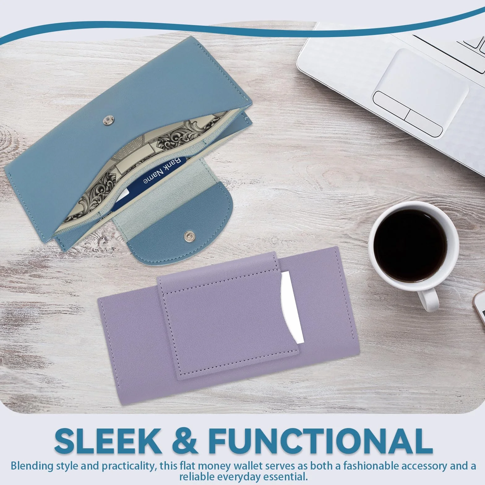Portefeuille en cuir synthétique lot de 2 enveloppes à 2 fentes pour espèces, organiseur d'argent, porte-cartes de crédit, bleu + violet