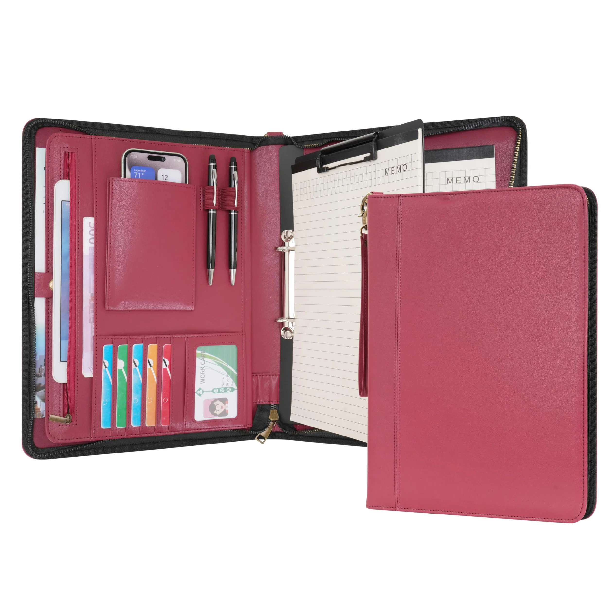 Wason Porte-documents A4 Cuir PU Fermeture Éclair Padfolio Classeur Anneaux Détachable Support Bloc-Notes Organiseur Conférence Rouge
